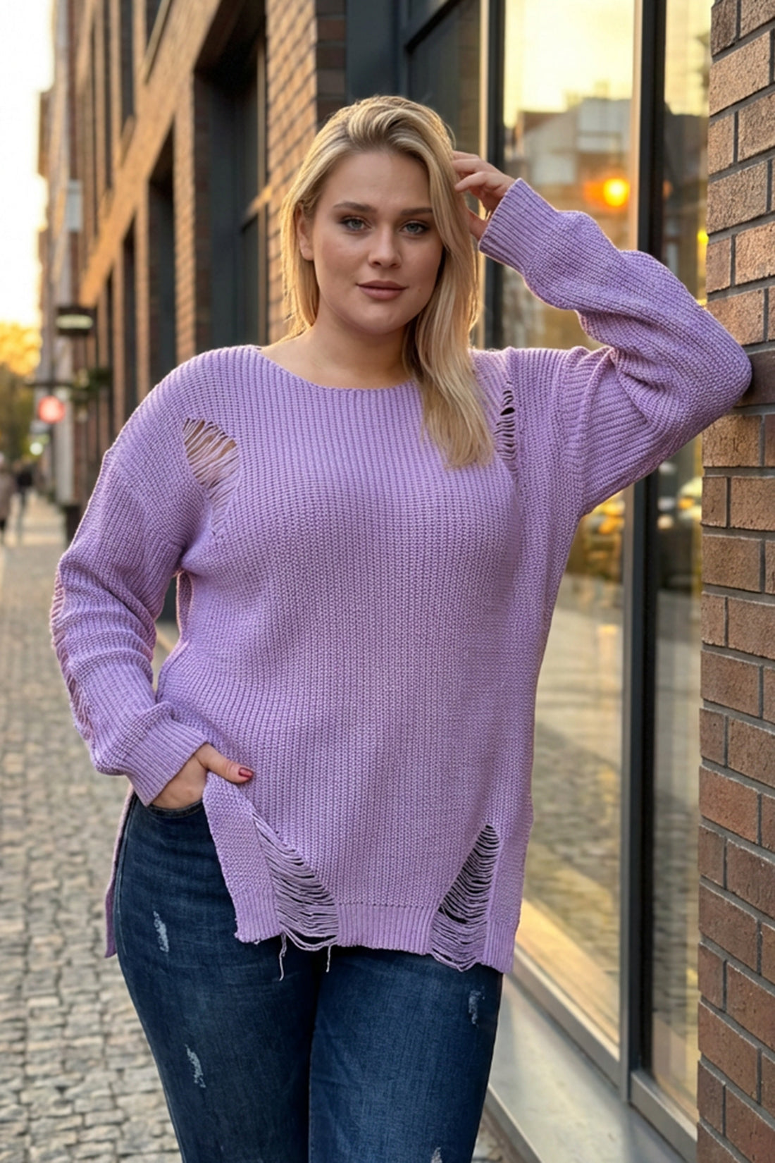 Büyük Beden Uzun Kollu Bisiklet Yaka Yırtık Detaylı Triko Kazak T-3 Vervegrand