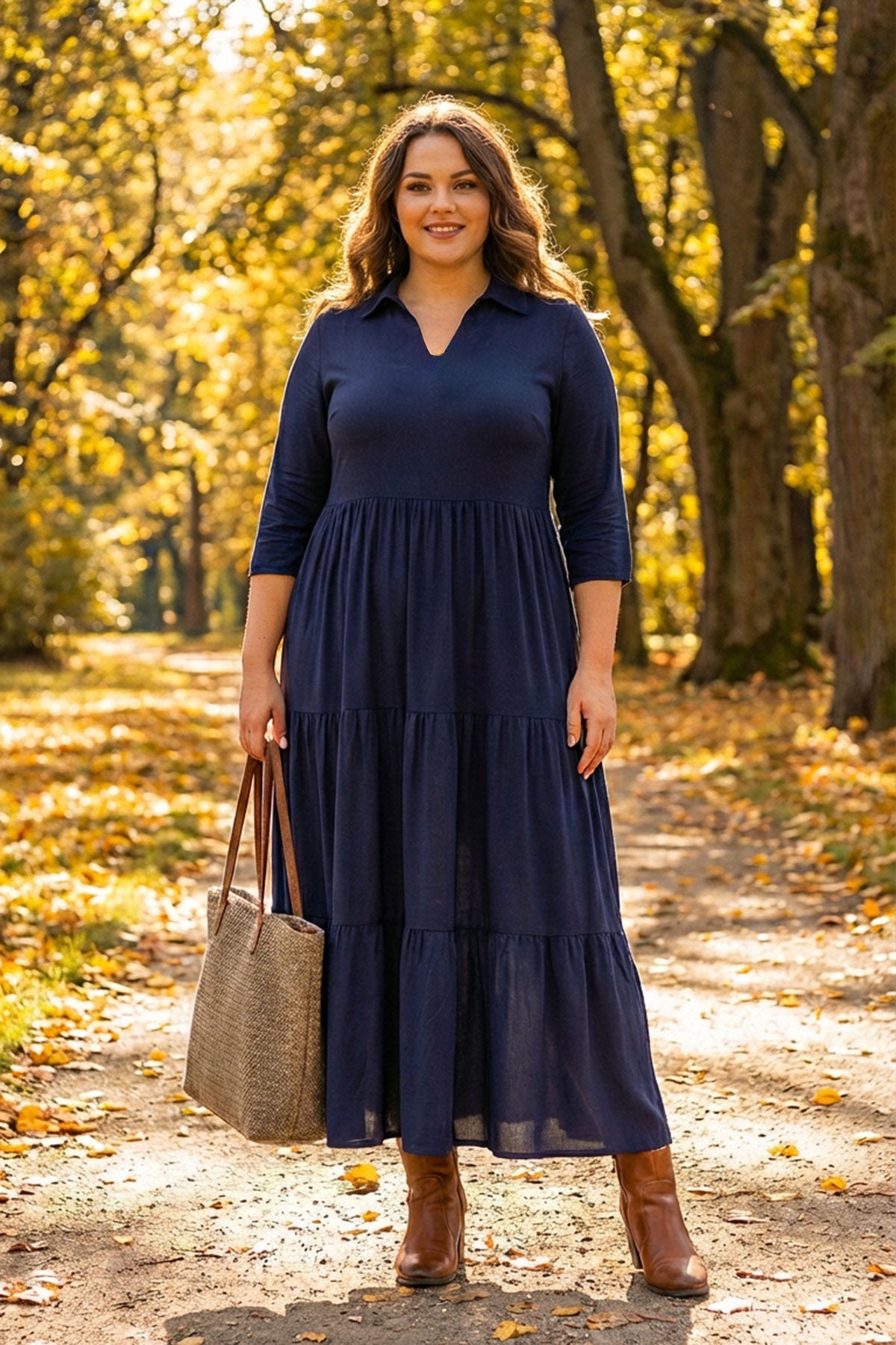 Büyük Beden V Yaka Yarım Kollu Beli Lastikli Uzun Elbise T44 Vervegrand