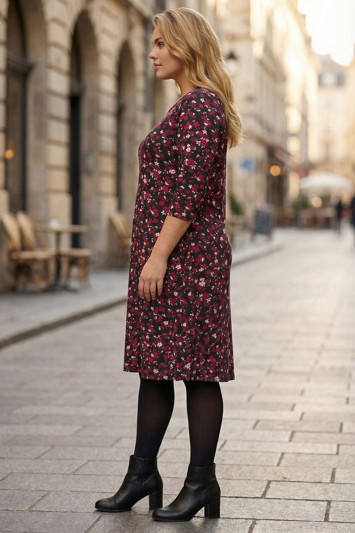Buyuk Beden Bordo Cicekli Elbise Gunluk Kombin