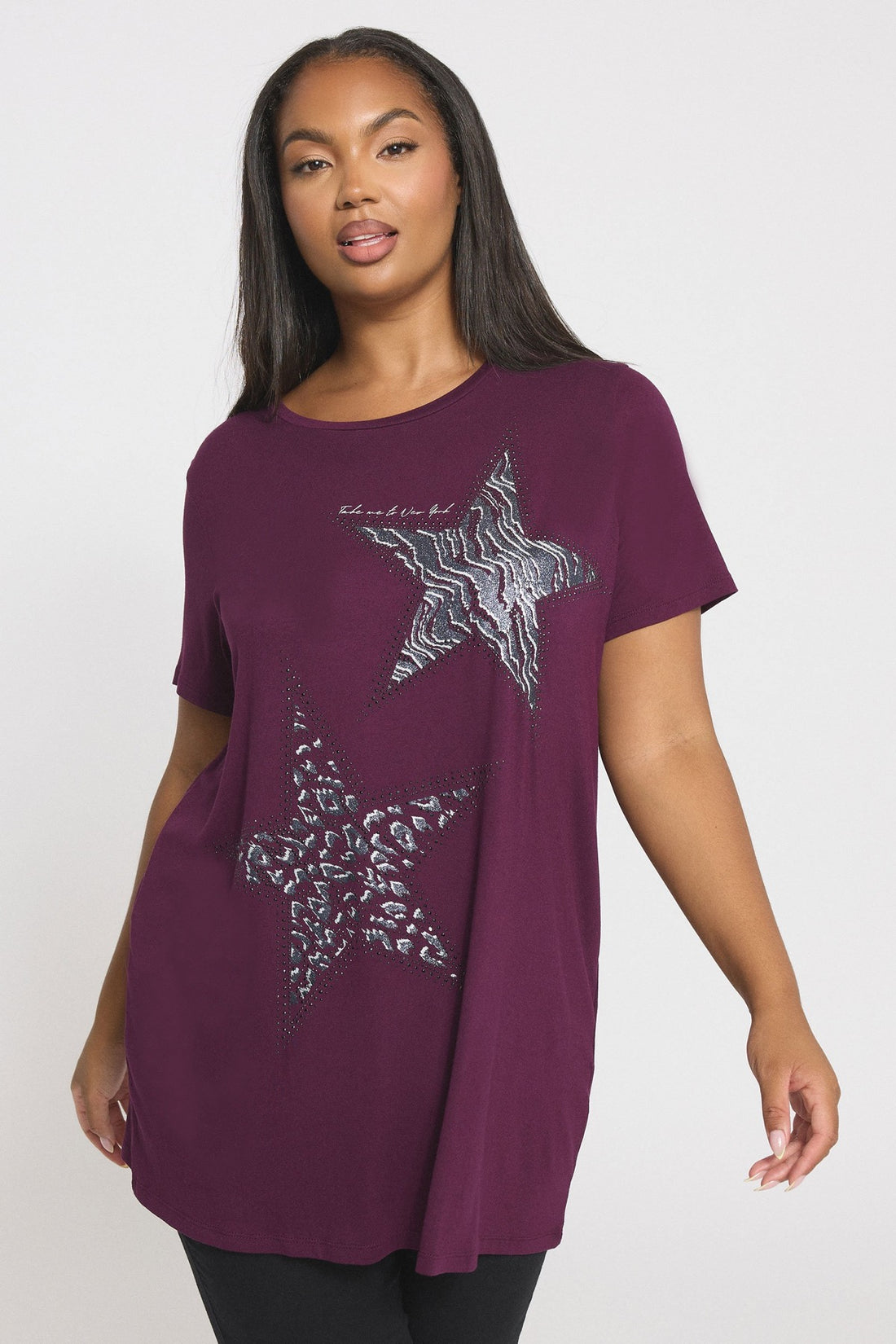 Bisiklet Yaka Kısa Kollu Parlak Baskılı Taşlı T-shirt 322960 Vervegrand