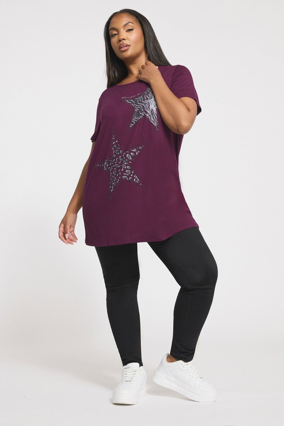 Büyük Beden Bisiklet Yaka Kısa Kollu Parlak Baskılı Taşlı T-shirt 322960 Vervegrand