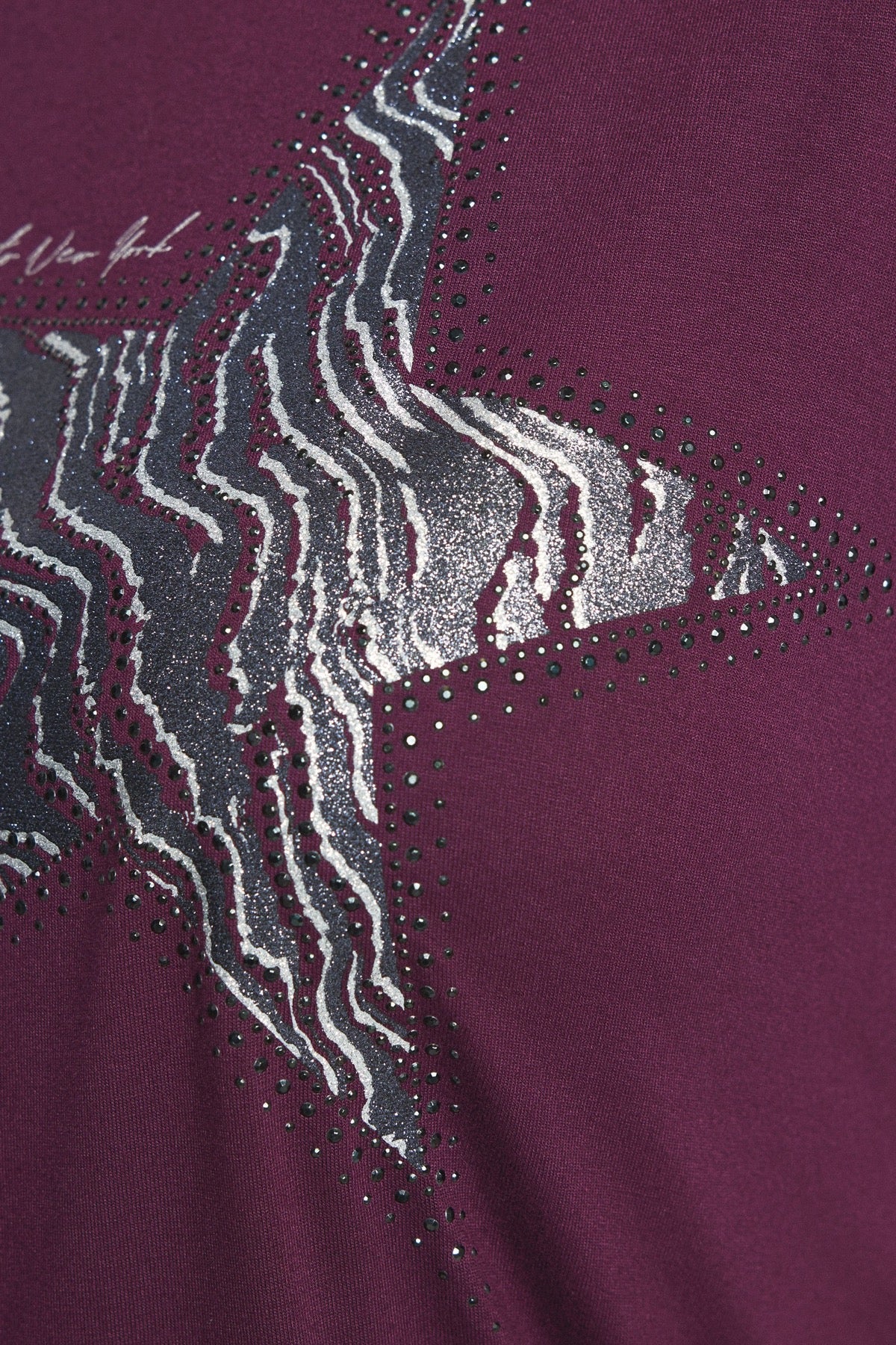 Büyük Beden Bisiklet Yaka Kısa Kollu Parlak Baskılı Taşlı T-shirt 322960 Mor Vervegrand