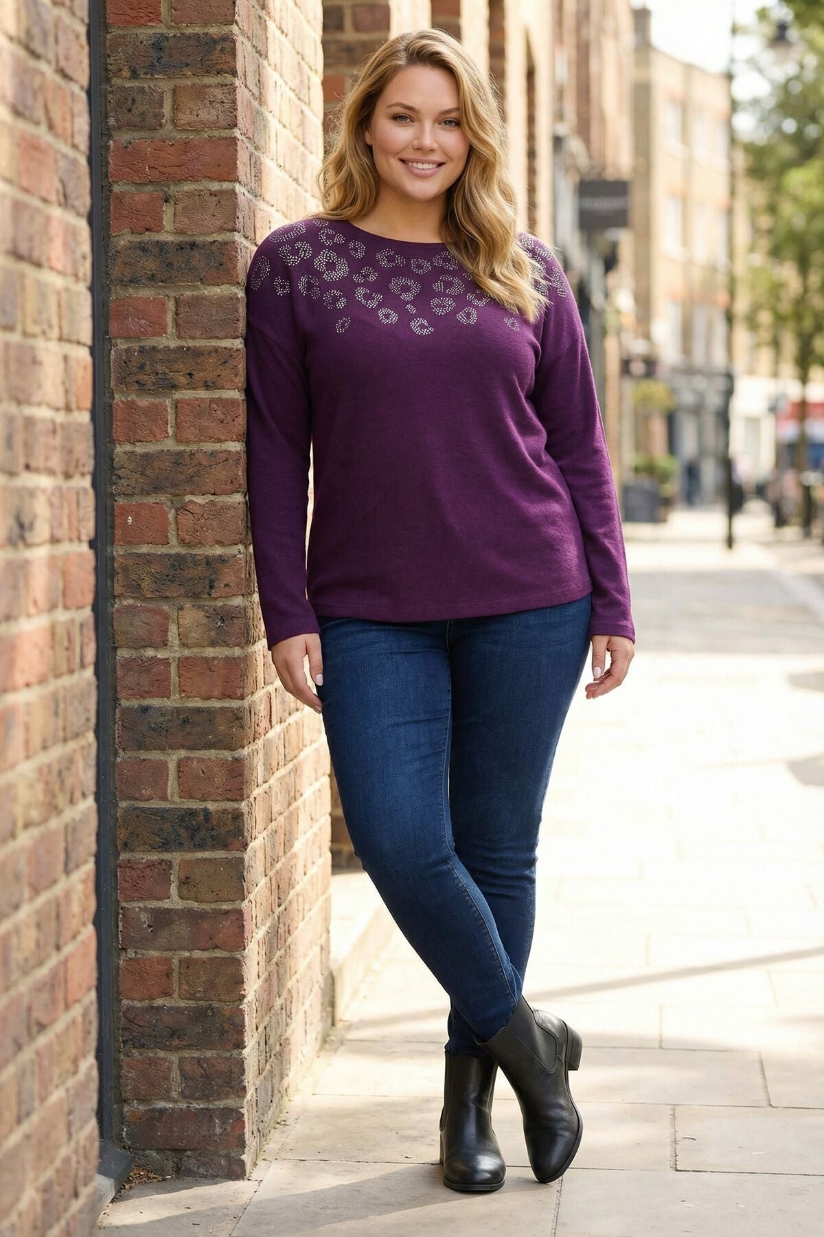 Bisiklet Yaka Mor Leopar Taş Desenli Yumoş Kazak 356681 Vervegrand