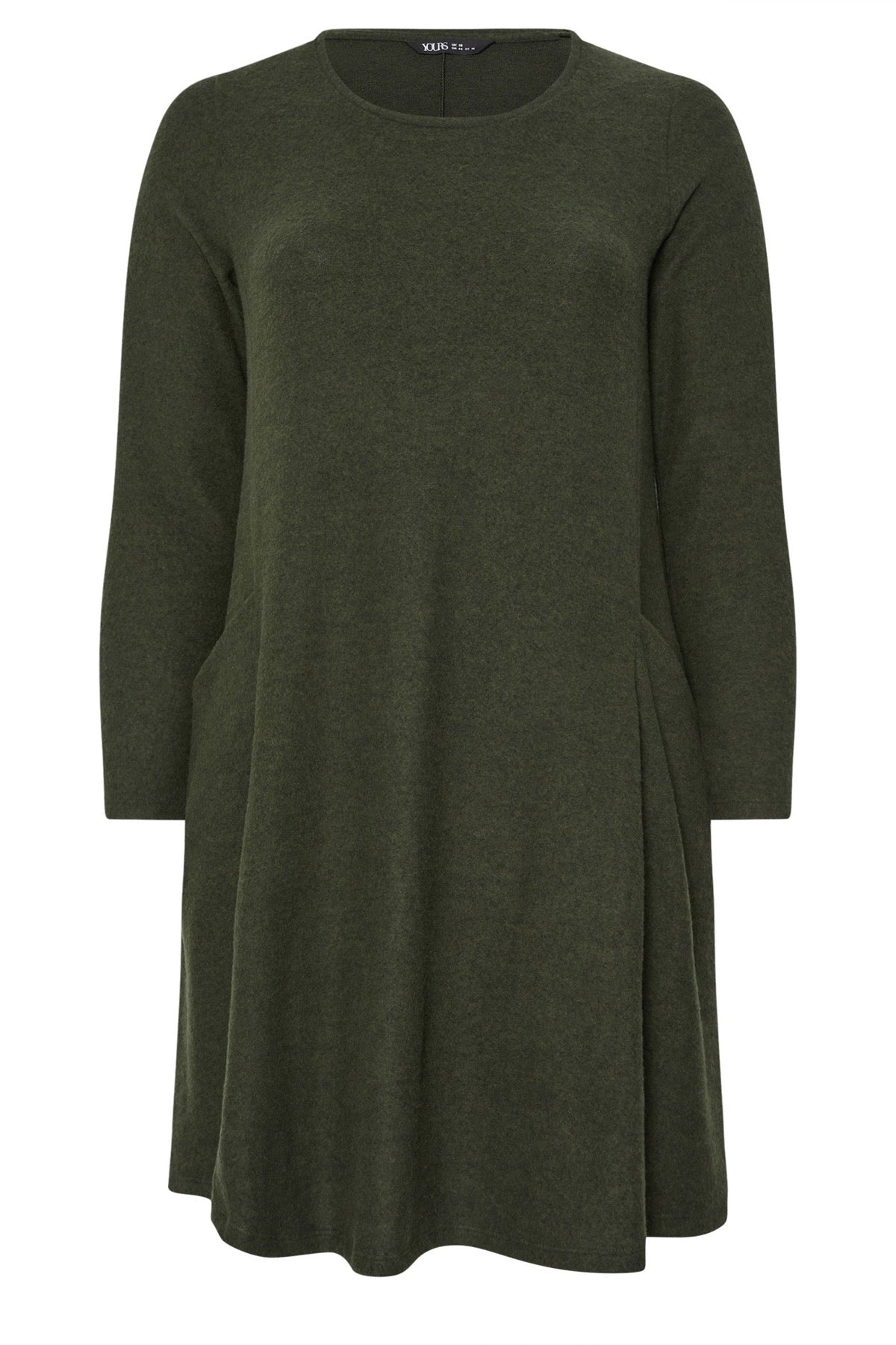 Büyük Beden Bisiklet Yaka Uzun Kollu Cepli Peluş Midi Elbise 285079 Haki Vervegrand