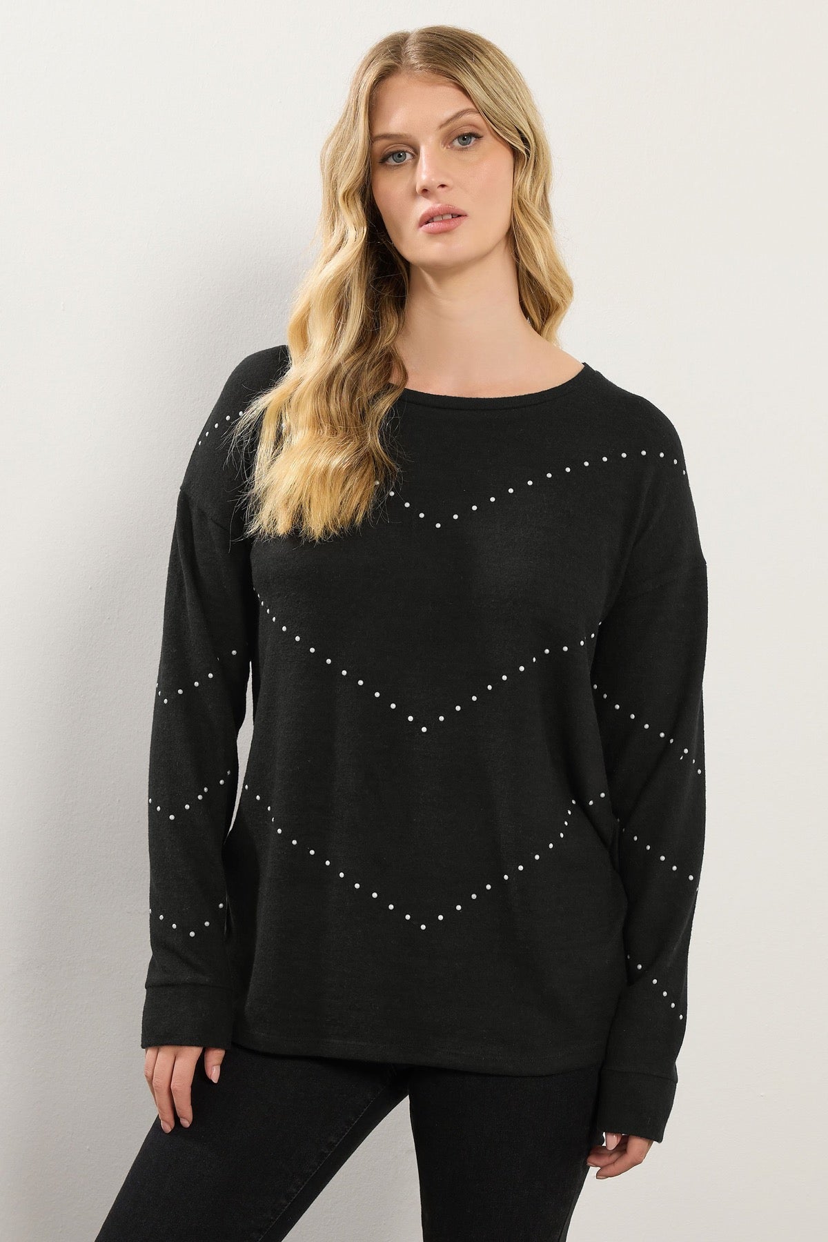 Büyük Beden Bisiklet Yaka Uzun Kollu Taşlı İnce Sweatshirt 356682 Vervegrand