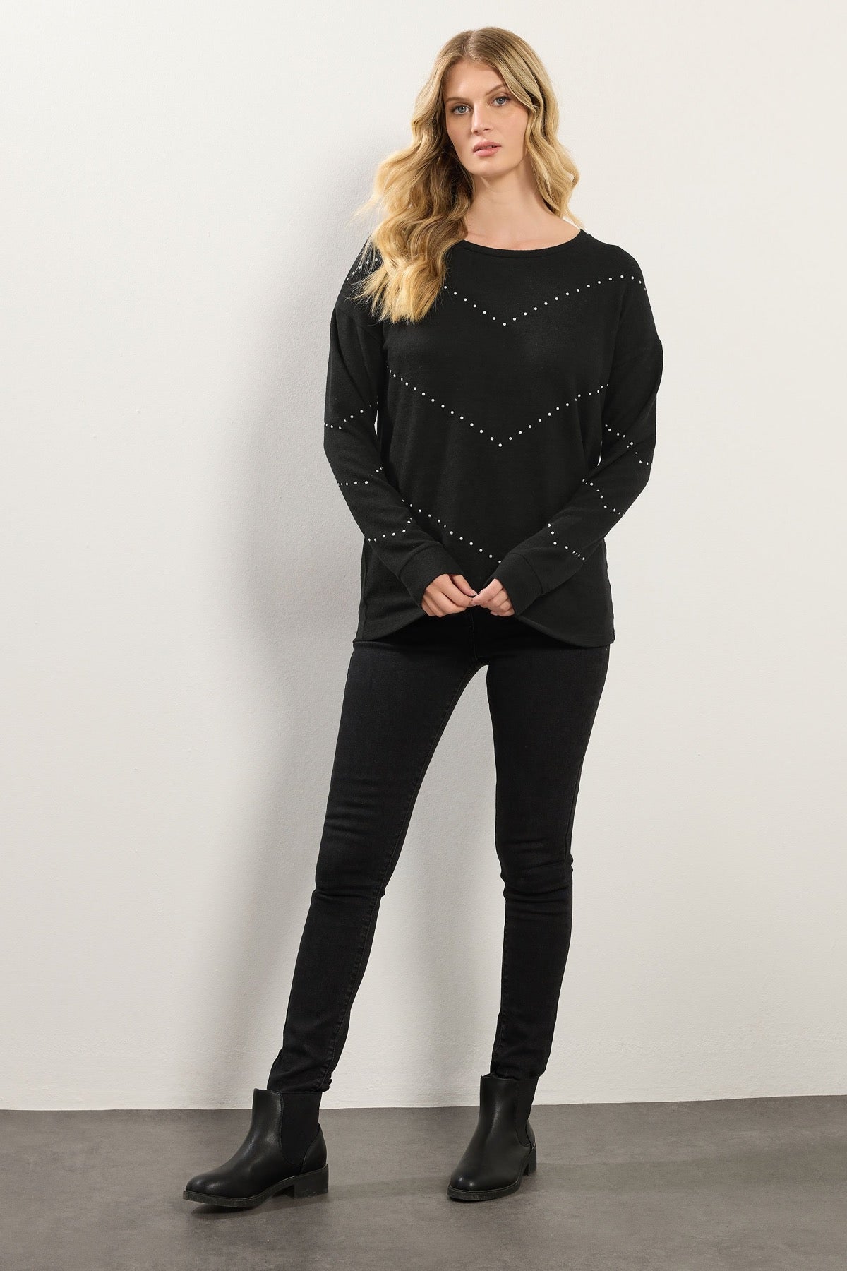 Büyük Beden Bisiklet Yaka Uzun Kollu Taşlı İnce Sweatshirt 356682 Vervegrand