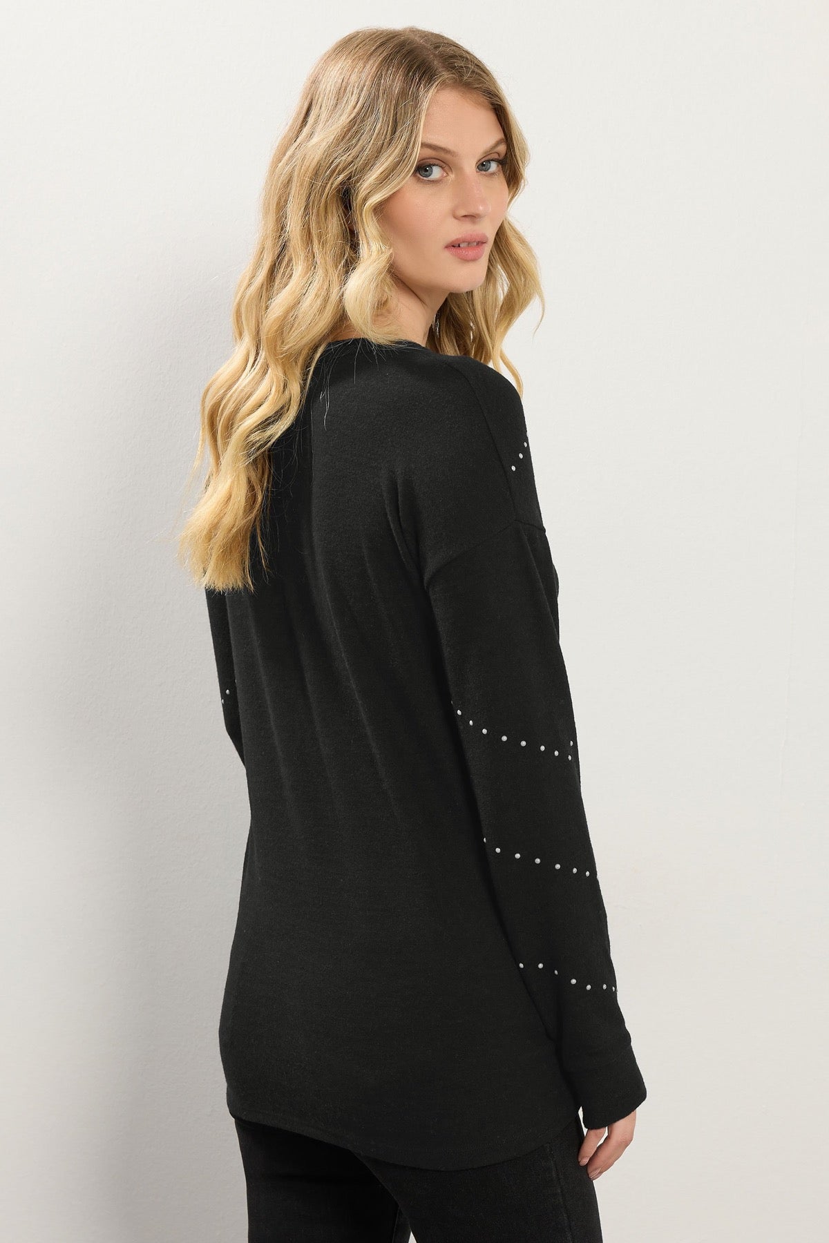 Büyük Beden Bisiklet Yaka Uzun Kollu Taşlı İnce Sweatshirt 356682 Vervegrand