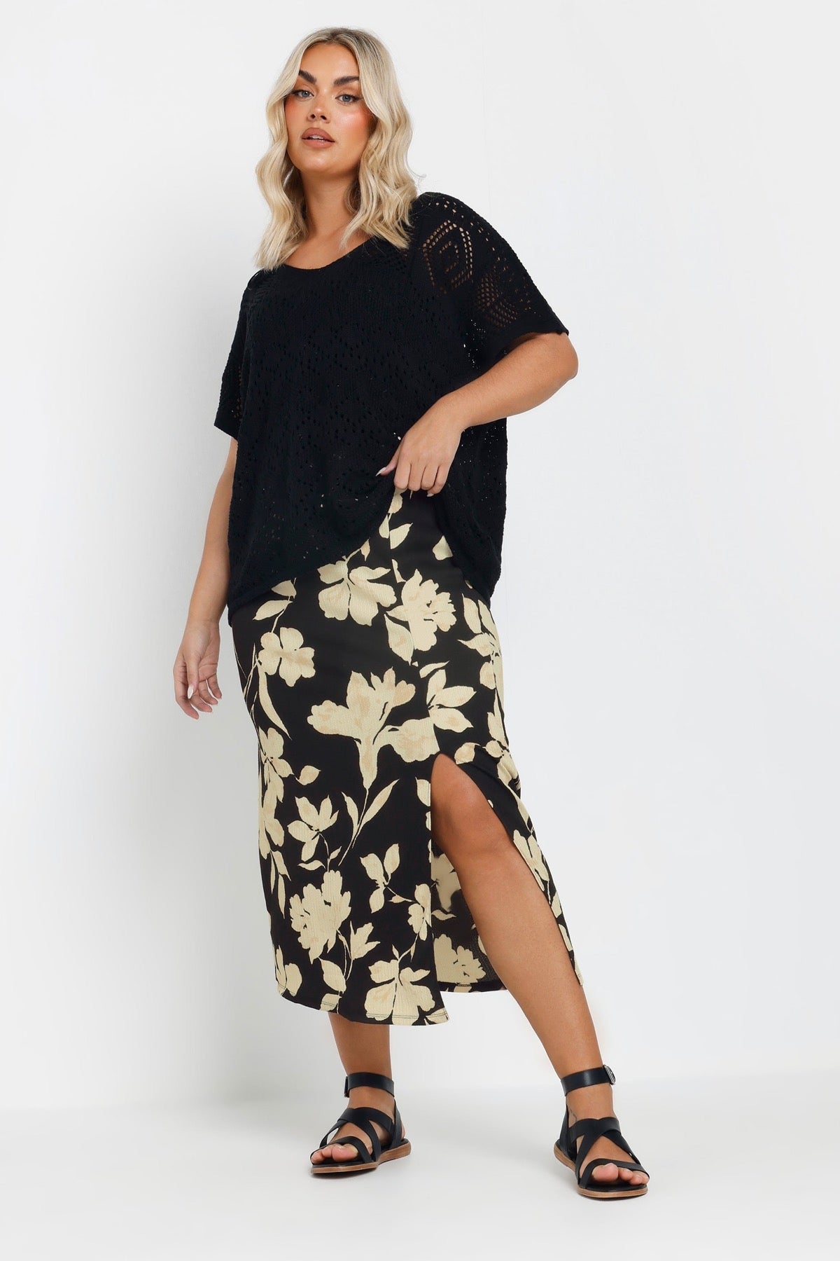 Büyük Beden Bürümcük Kumaş Yırtmaç Detaylı Beli Lastikli Etek 303769 Vervegrand