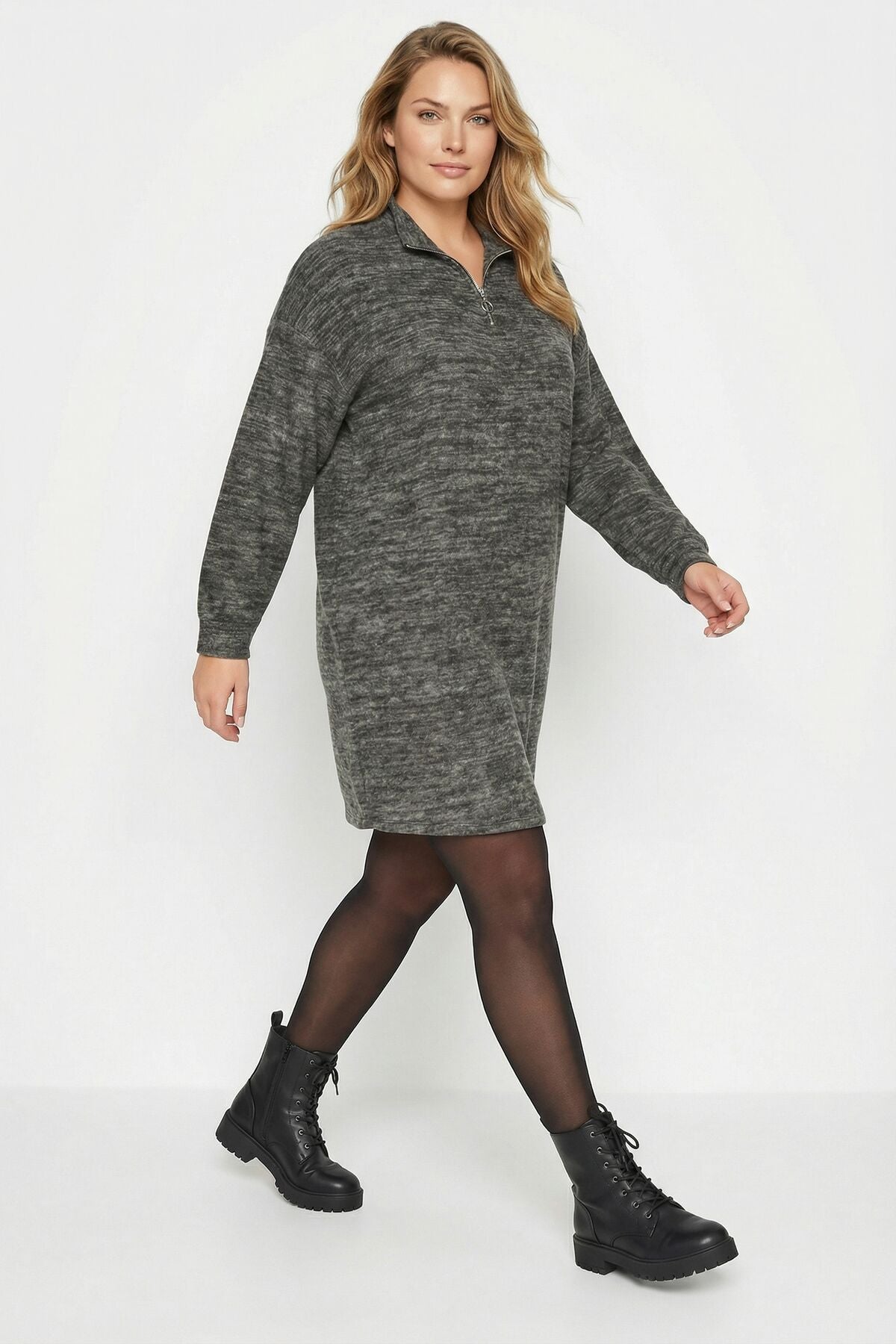 Büyük Beden Gri Yumoş Dokulu Fermuarlı Elbise 303859 Vervegrand