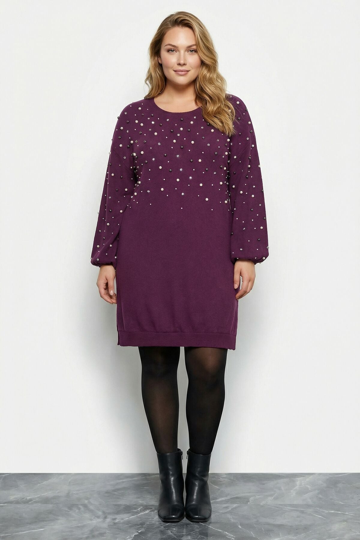 İnci ve Taş Nakışlı Yumuşak Dokulu Mor Elbise 616396 Mor Vervegrand
