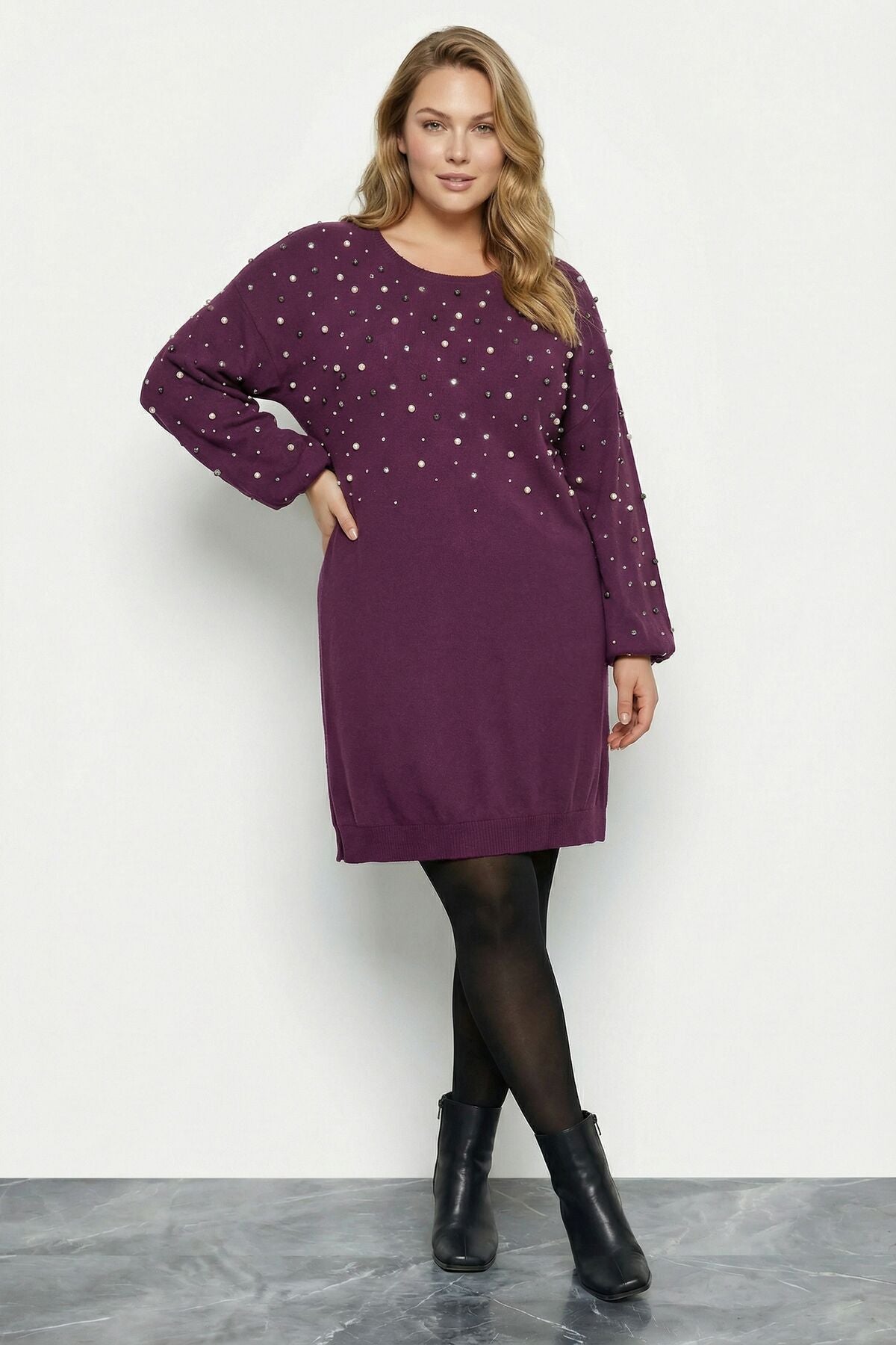 İnci ve Taş Nakışlı Yumuşak Dokulu Mor Elbise 616396 Vervegrand