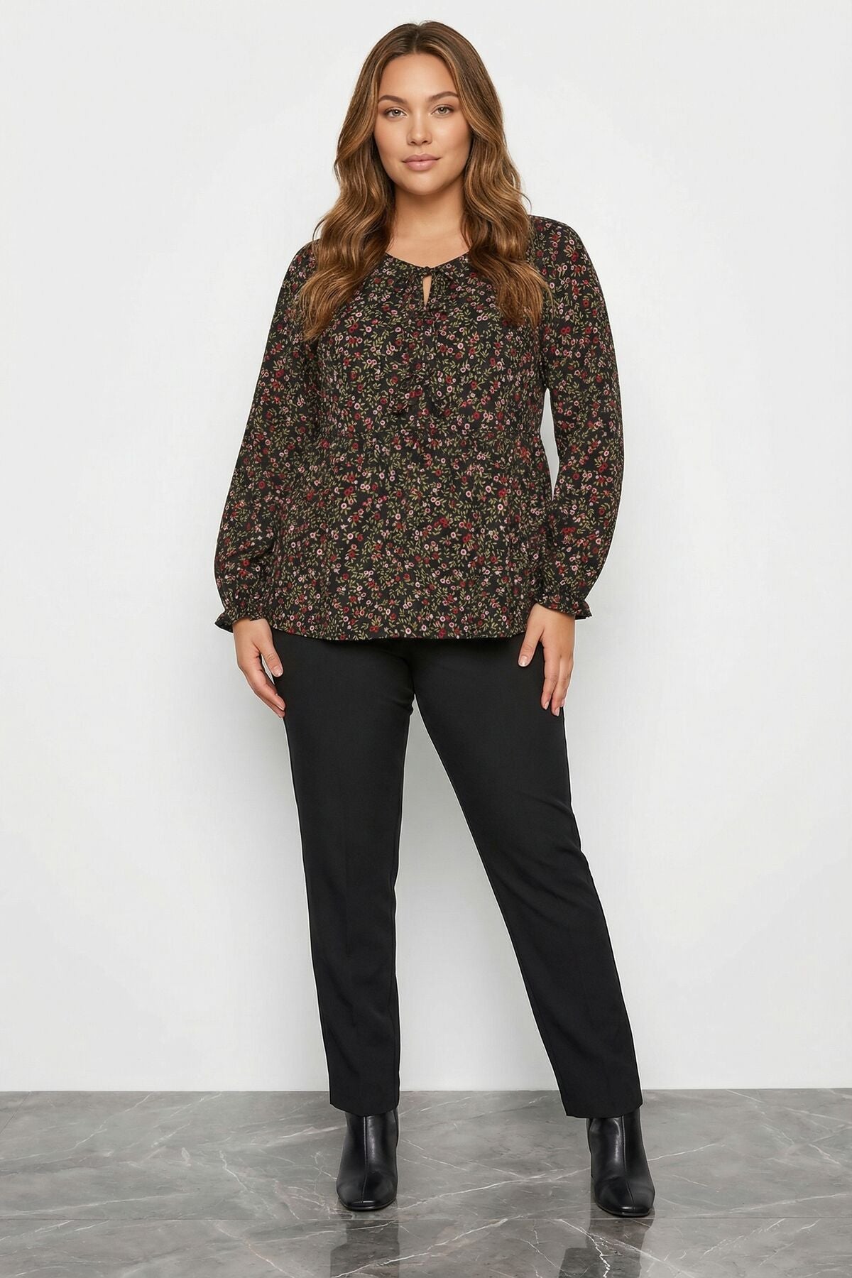 İp Bağlamalı Siyah Çiçek Desenli Elbise 323002 Vervegrand