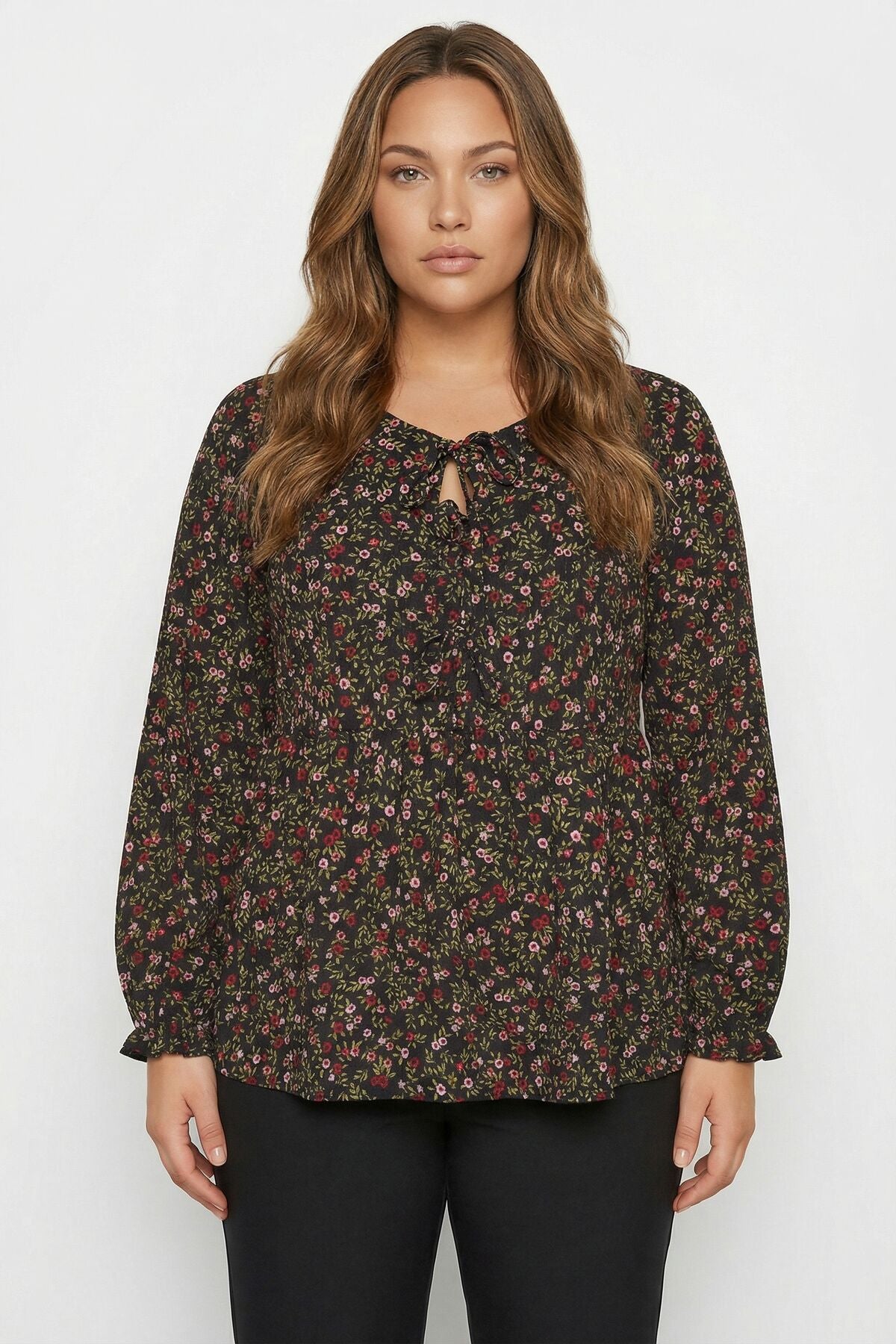 İp Bağlamalı Siyah Çiçek Desenli Elbise 323002 Vervegrand