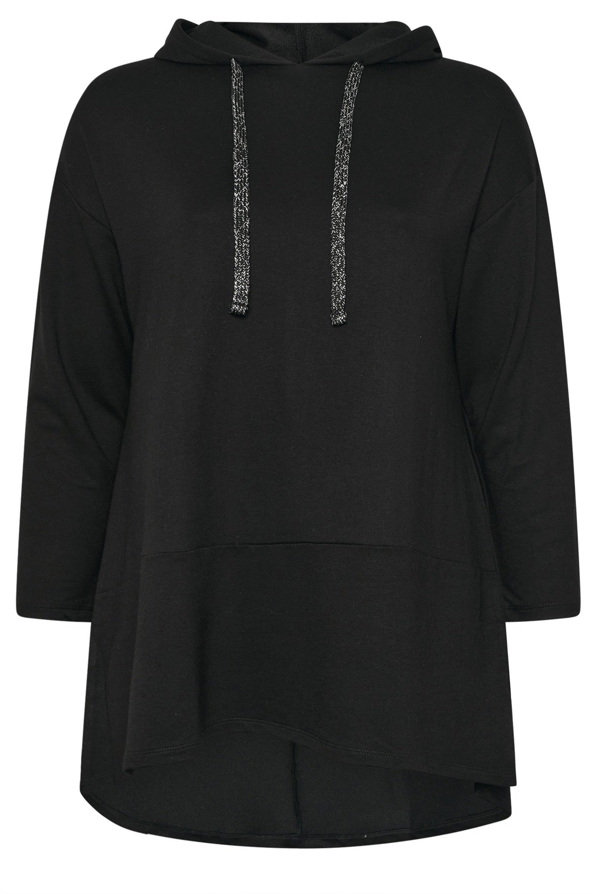 Büyük Beden Kapüşonlu Uzun Kollu Asimetrik Kesim Uzun Sweatshirt 304048 Siyah v