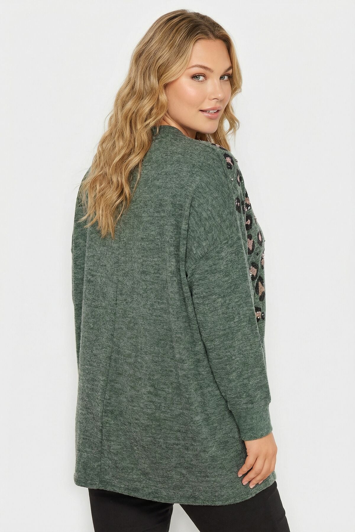 Taş Detaylı Leopar Desenli Yeşil Yumoş Kazak 285057 Vervegrand