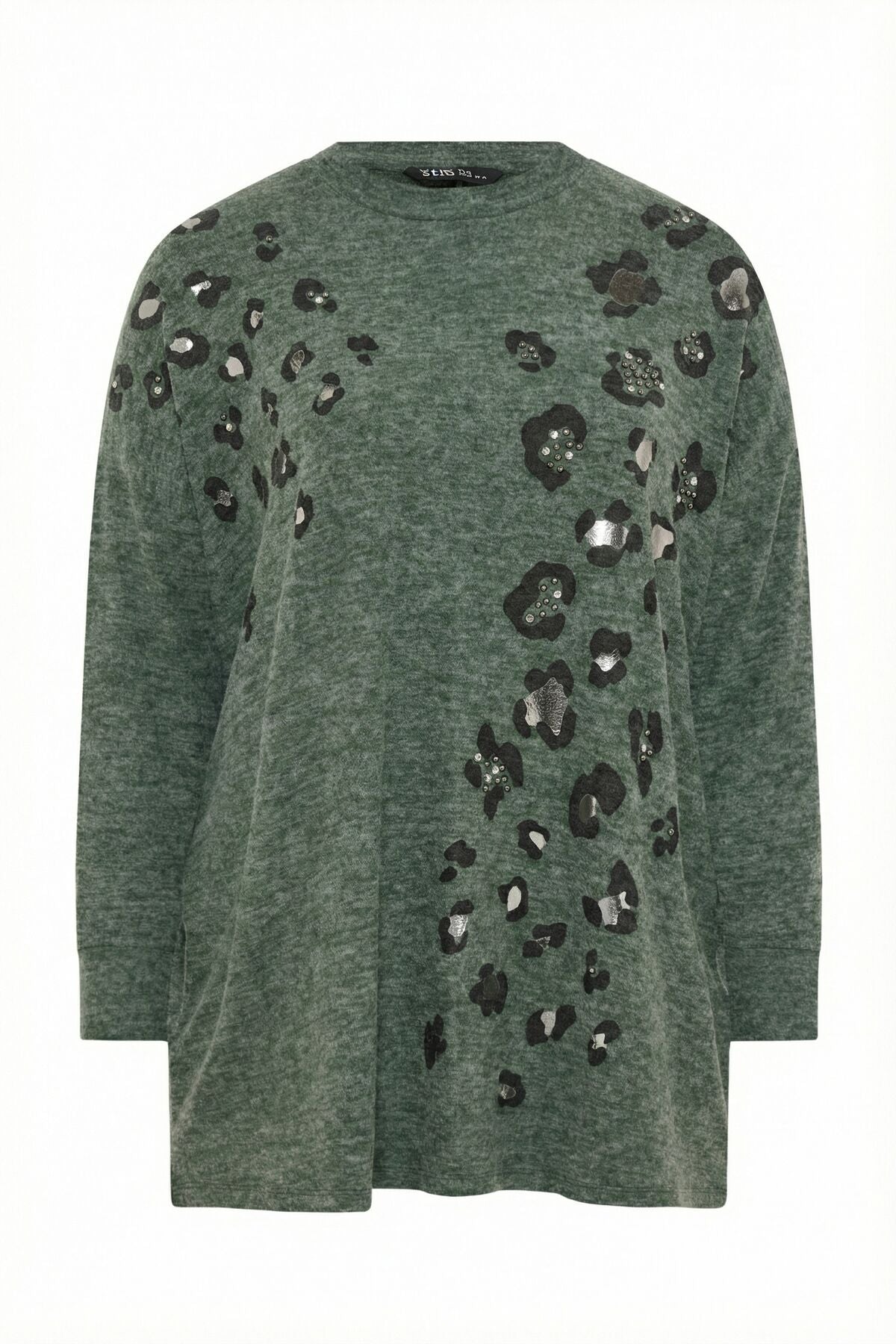 Taş Detaylı Leopar Desenli Yeşil Yumoş Kazak 285057 Vervegrand