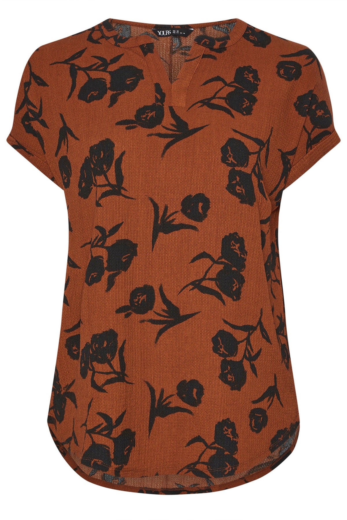 V Yaka Kısa Kollu Bürümcük Kumaş Çiçek Baskılı T-shirt 304313 Kahve Vervegrand