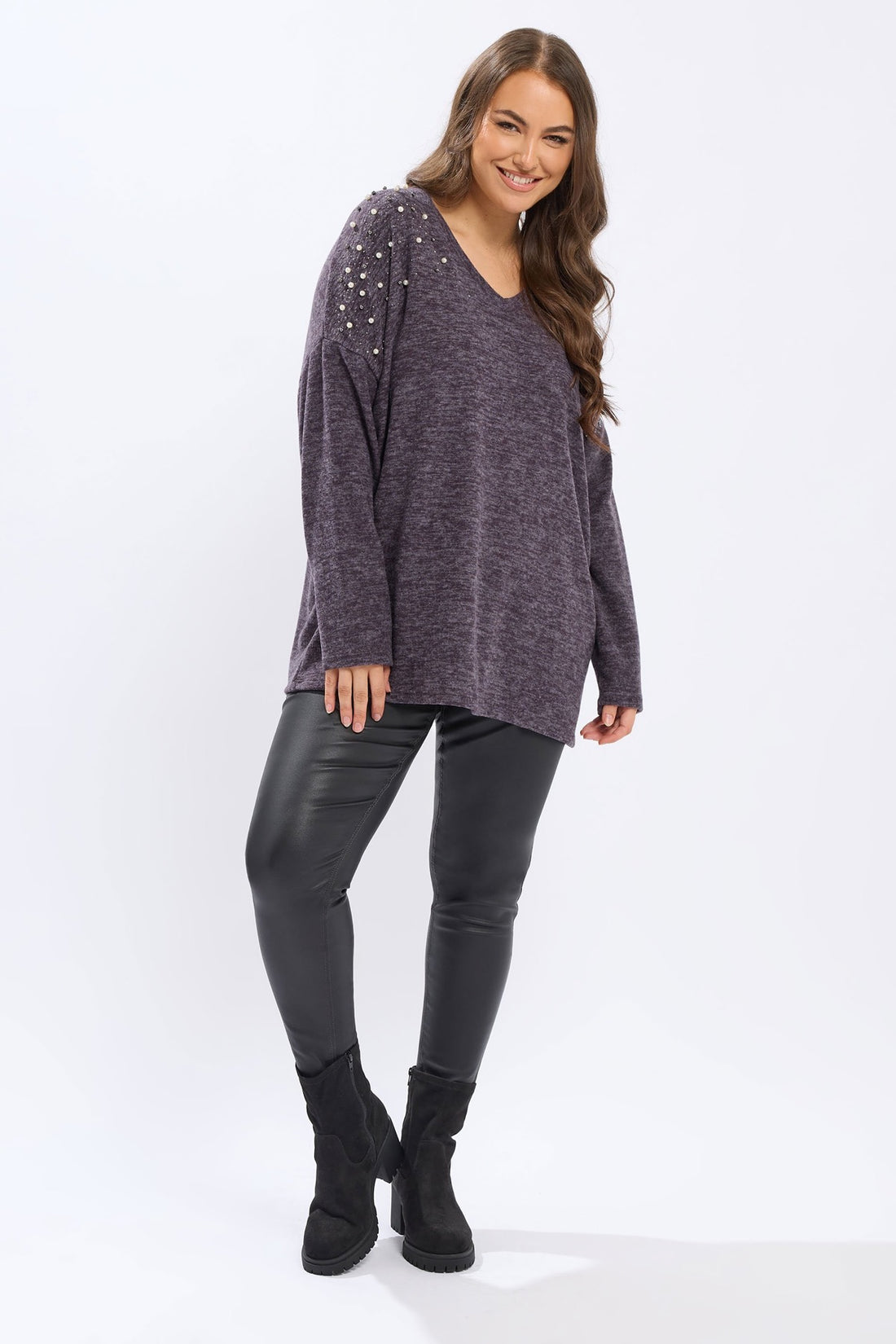 V Yaka Uzun Kollu Boncuklu Peluş Sweatshirt 285054 Vervegrand