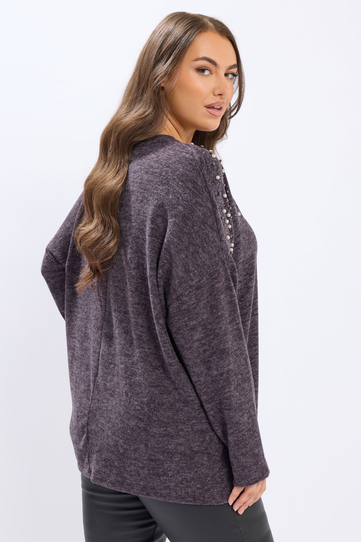 Büyük Beden V Yaka Uzun Kollu Boncuklu Peluş Sweatshirt 285054 Vervegrand