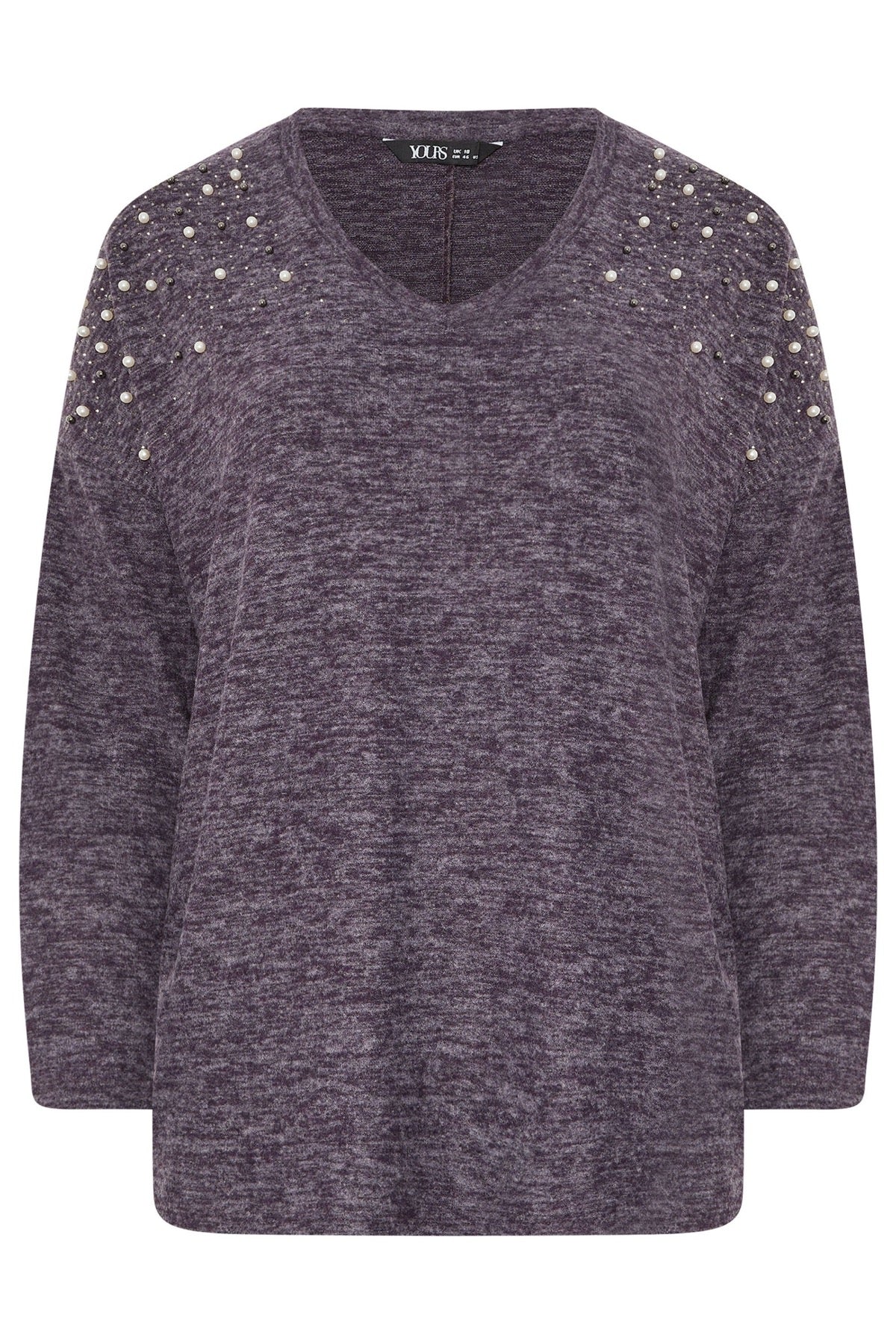 Büyük Beden V Yaka Uzun Kollu Boncuklu Peluş Sweatshirt 285054 Mor Vervegrand