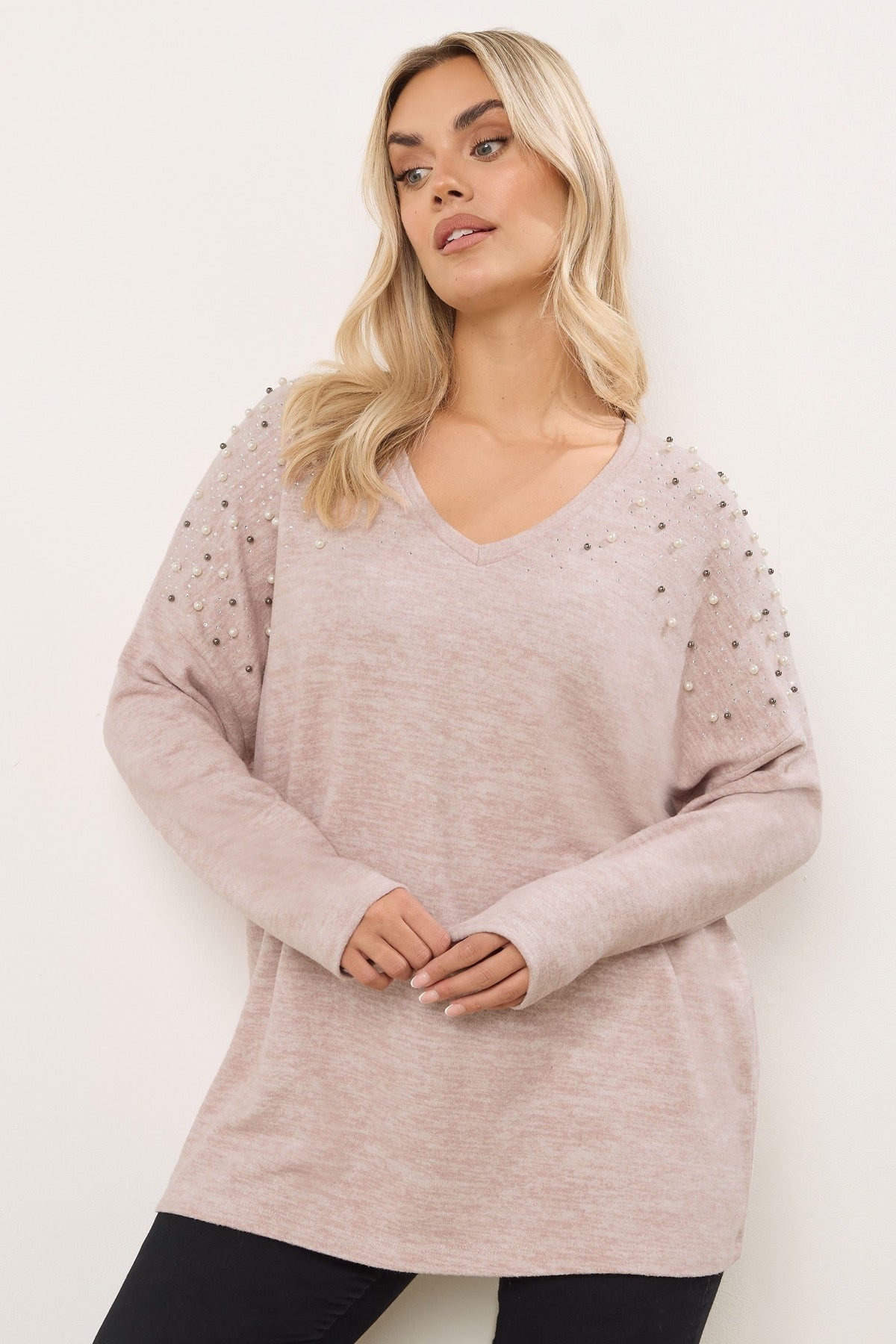 V Yaka Uzun Kollu Boncuklu Peluş Sweatshirt 285055 Vervegrand