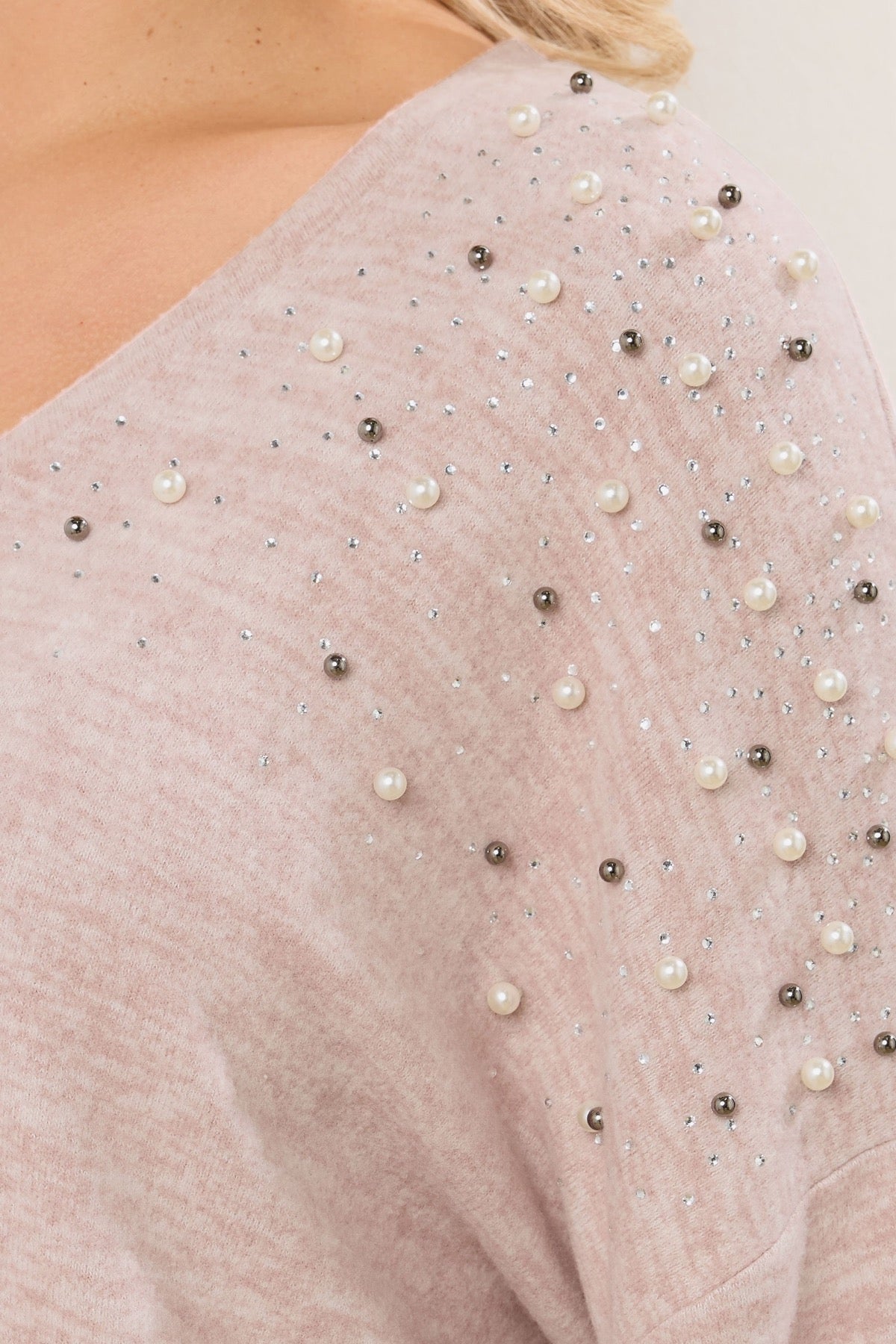 Büyük Beden V Yaka Uzun Kollu Boncuklu Peluş Sweatshirt 285055 Vervegrand