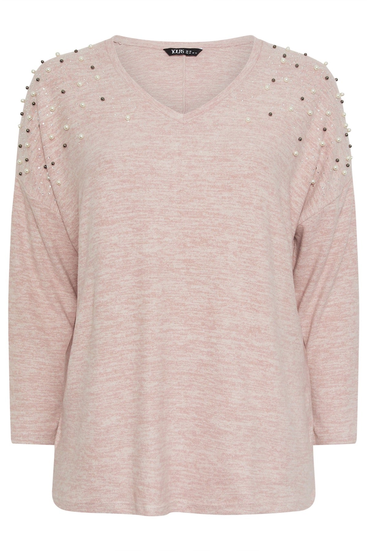 Büyük Beden V Yaka Uzun Kollu Boncuklu Peluş Sweatshirt 285055 Pudra Vervegrand