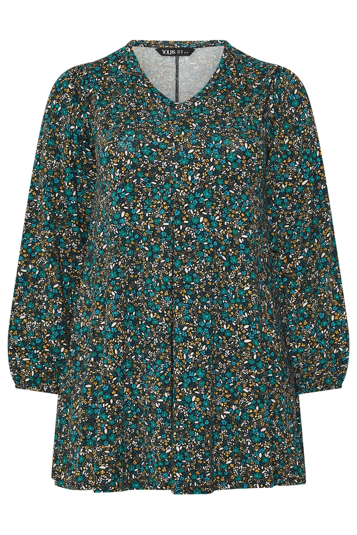 Büyük Beden V Yaka Uzun Kollu Çiçek Desenl T-shirt 322980 Turkuaz Vervegrand