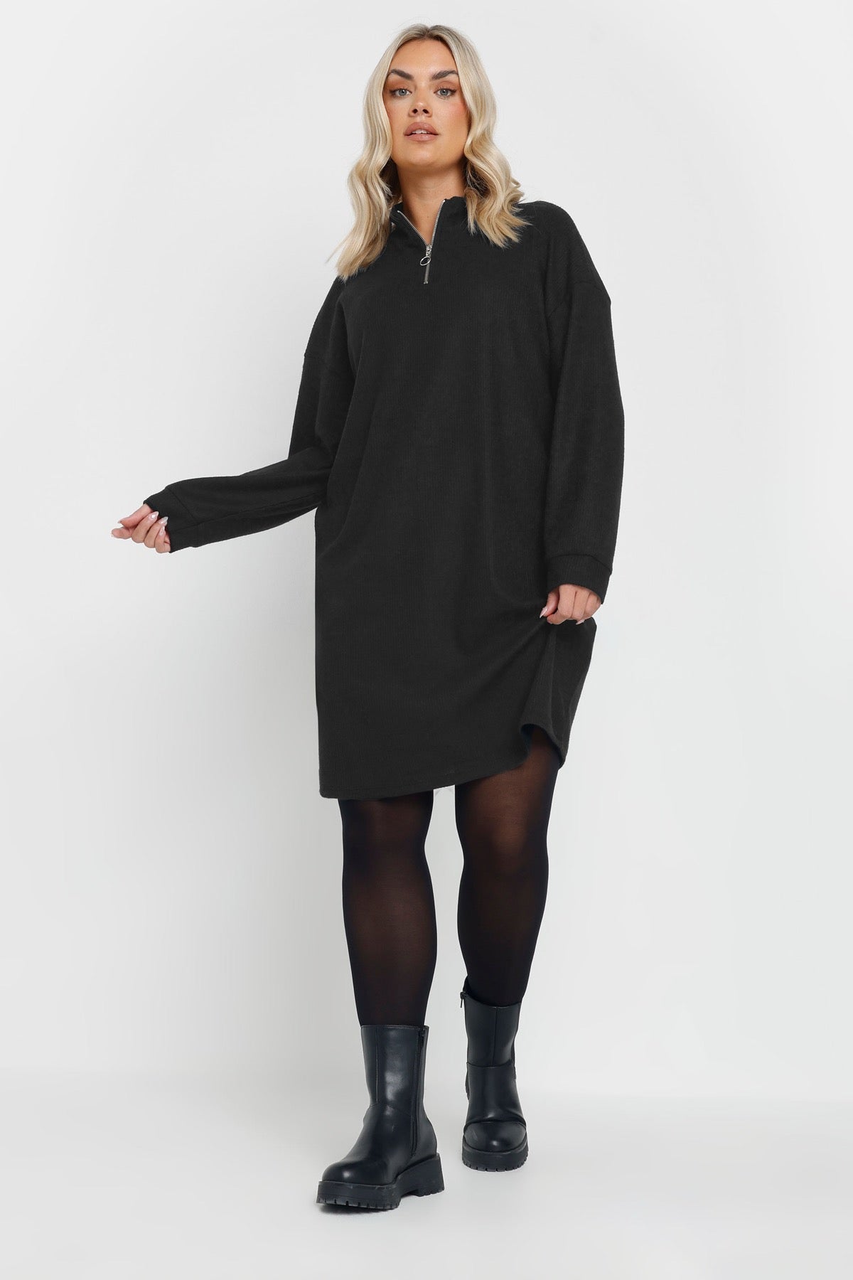 Büyük Beden V Yaka Uzun Kollu Fitili Kumaş Midi Elbise 303855 Vervegrand