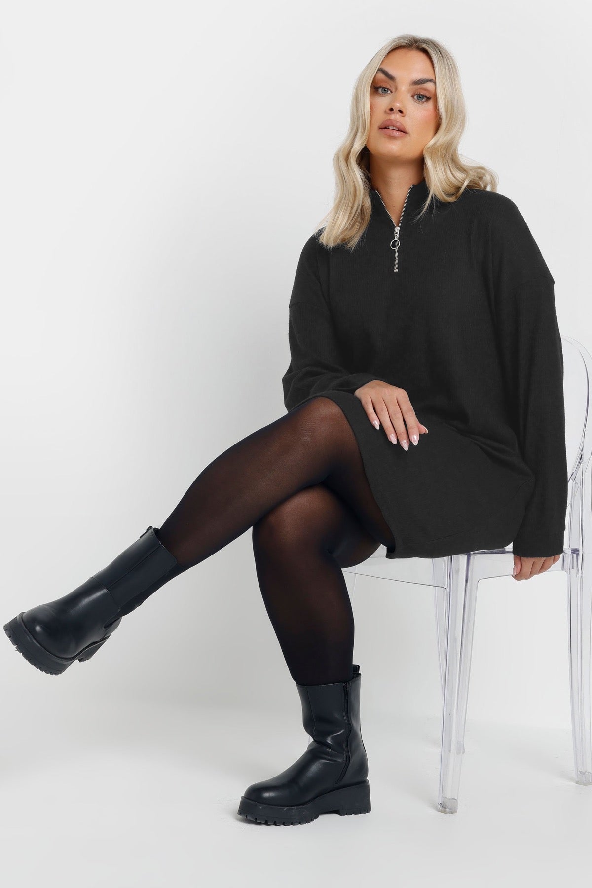 Büyük Beden V Yaka Uzun Kollu Fitili Kumaş Midi Elbise 303855 Vervegrand