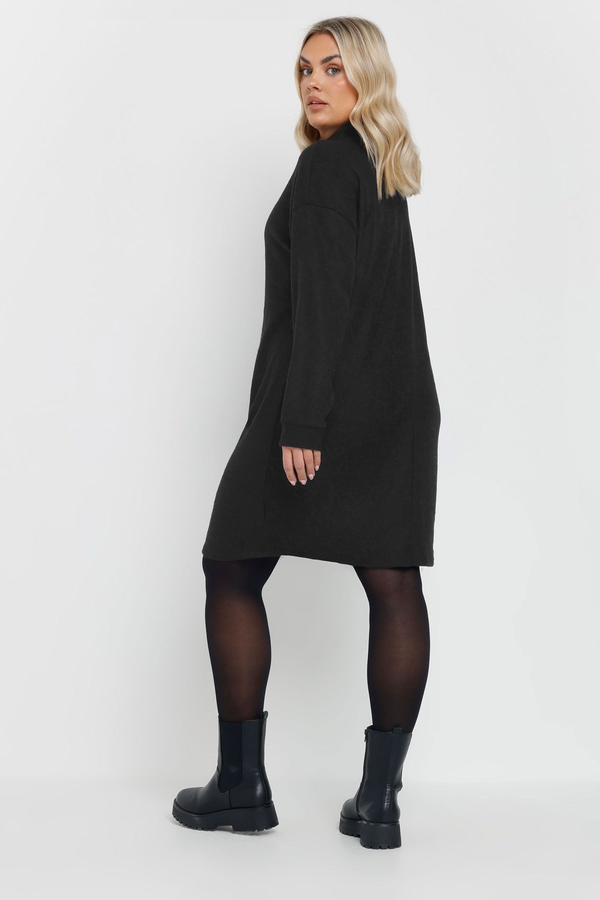 Büyük Beden V Yaka Uzun Kollu Fitili Kumaş Midi Elbise 303855 Vervegrand