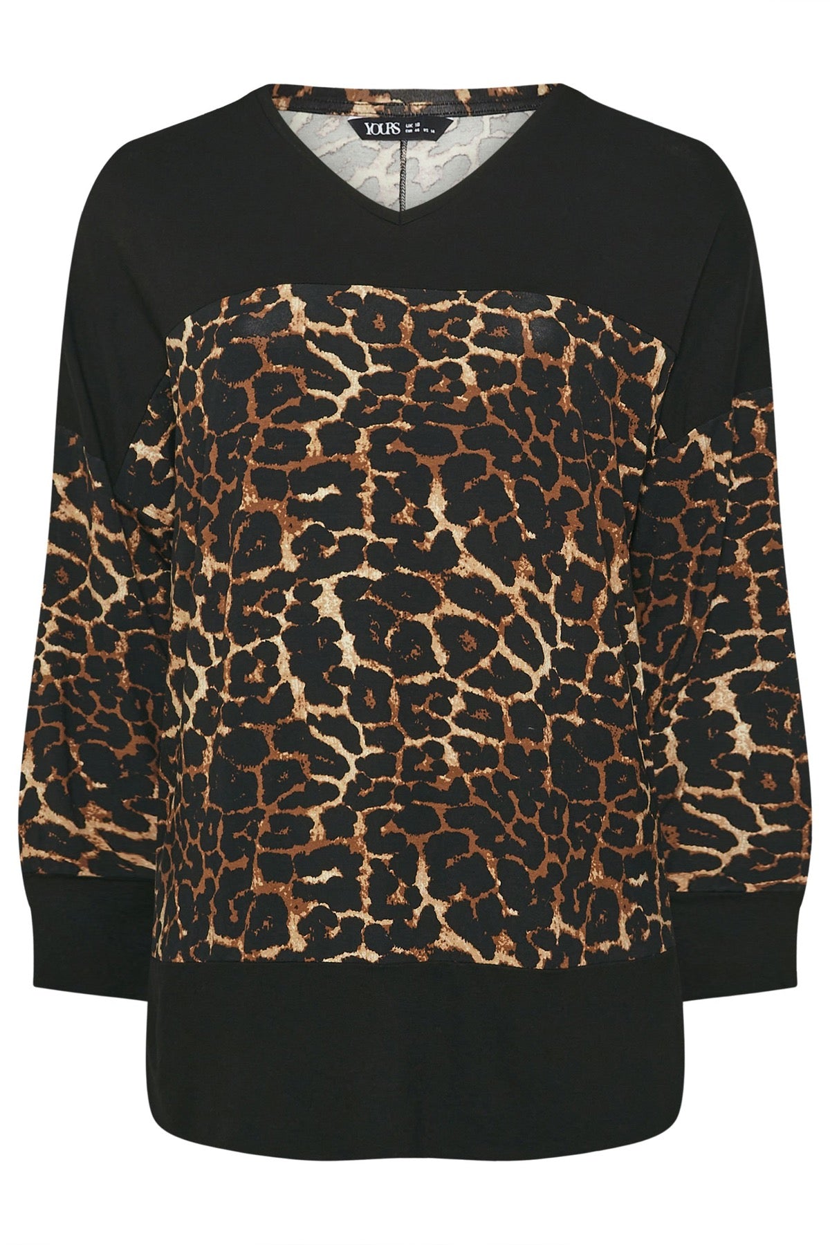 Büyük Beden V Yaka Uzun Kollu Leopar Desenli T-shirt 303784 Siyah Vervegrand