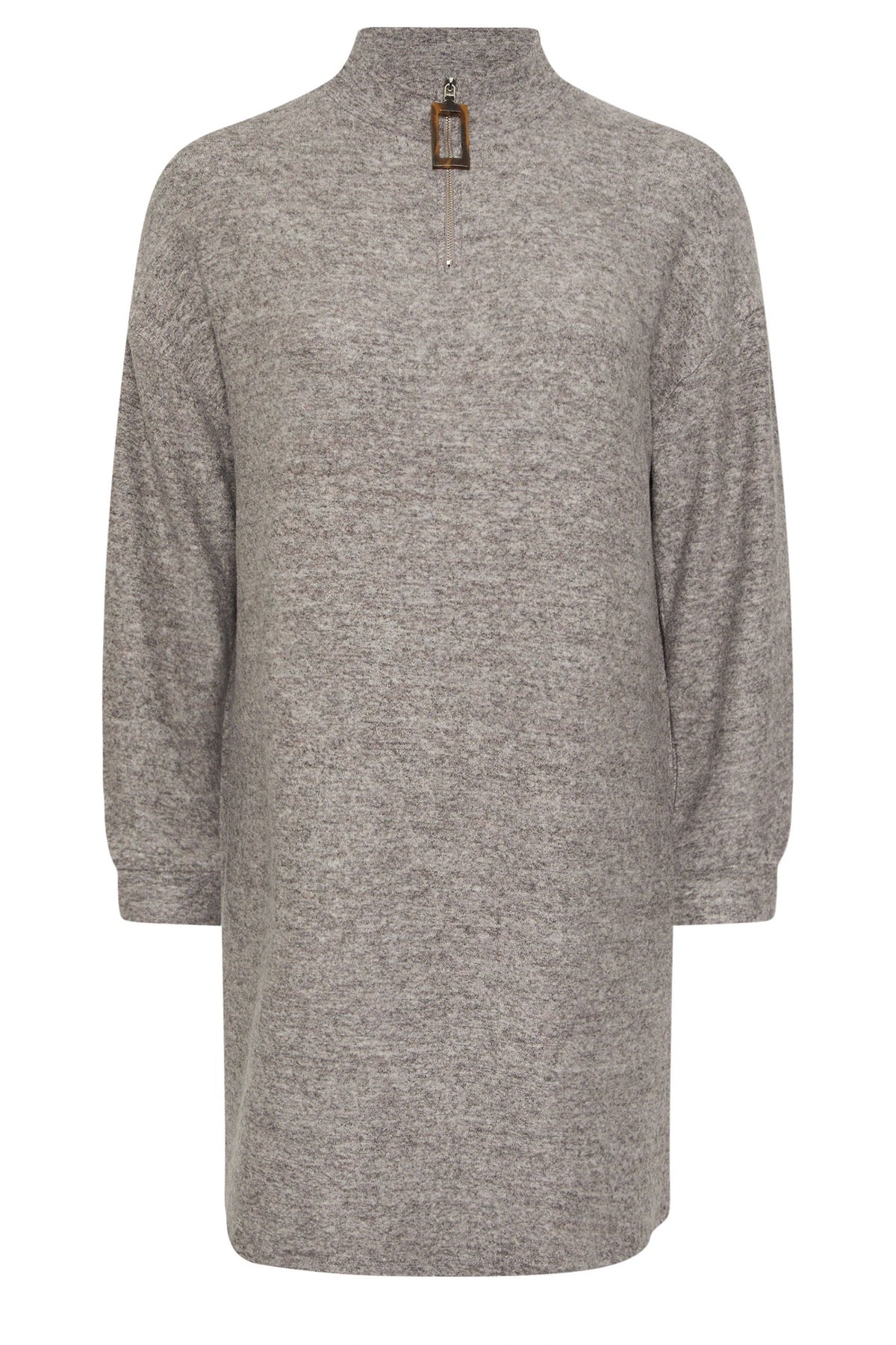 Büyük Beden V Yaka Uzun Kollu Peluş Kumaş Midi Elbise 304280 Gri Vervegrand