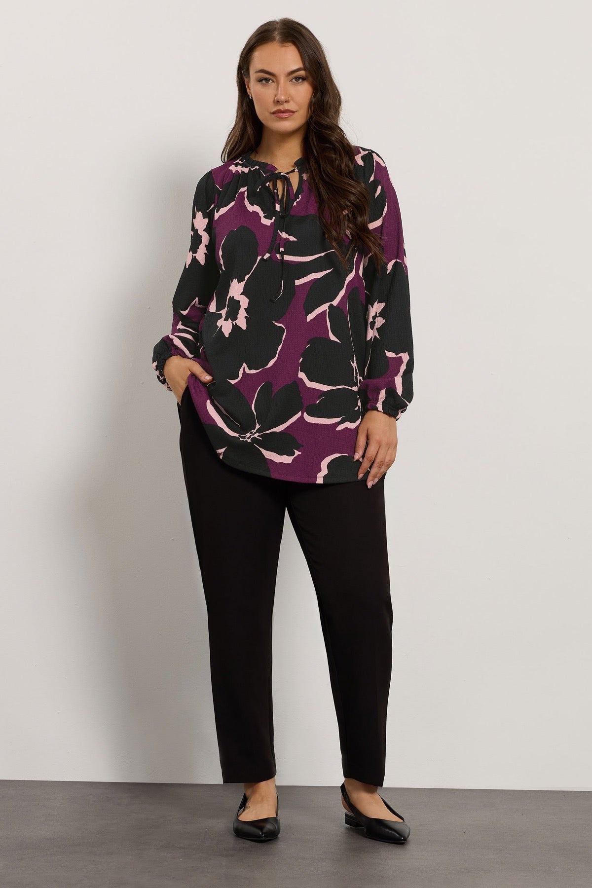 Büyük Beden Yakası Bağlamalı Uzun Kollu Çiçek Desenli Bluz 616410 Vervegrand