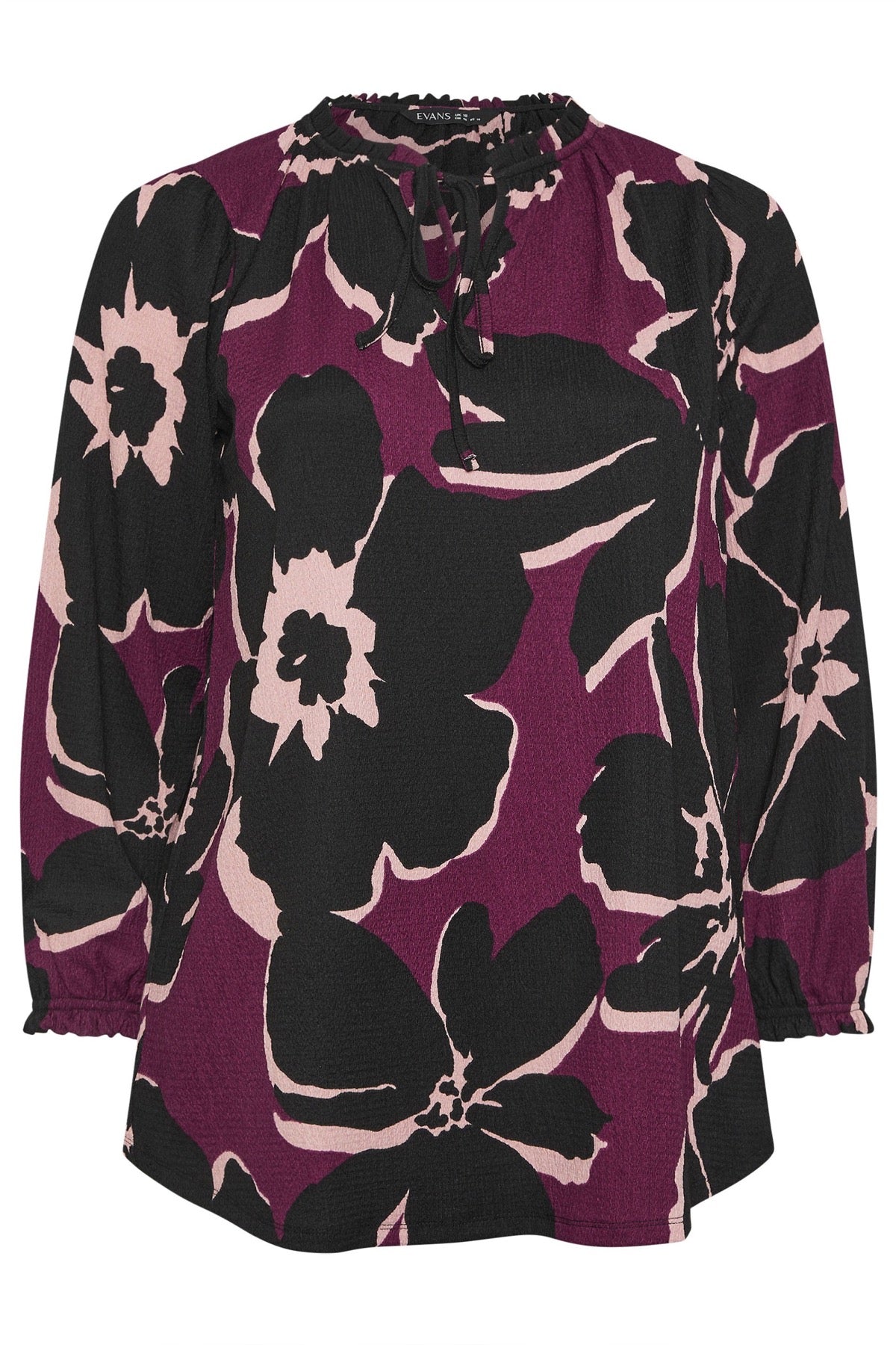 Büyük Beden Yakası Bağlamalı Uzun Kollu Çiçek Desenli Bluz 616410 Mürdüm Vervegrand