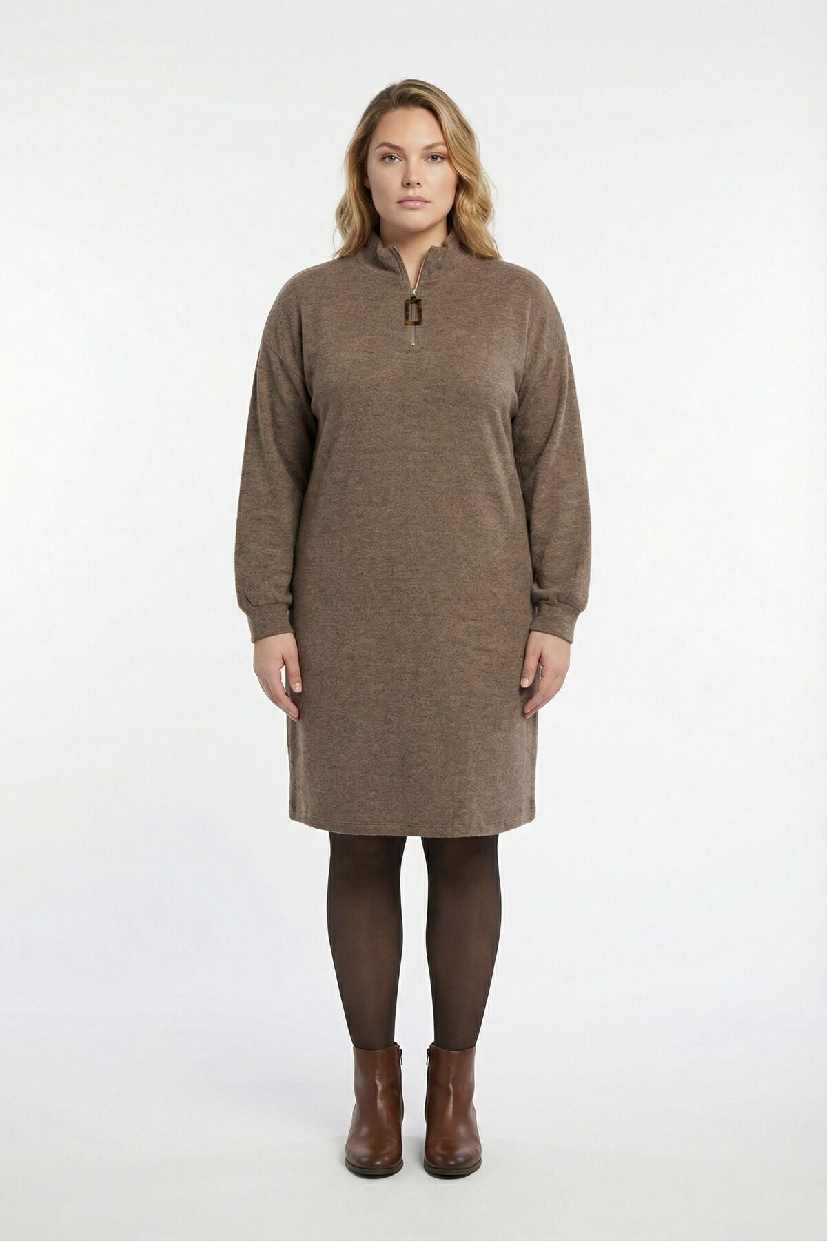 Yakası Fermuar Detaylı Kahve Yumoş Elbise 106-39 Vervegrand