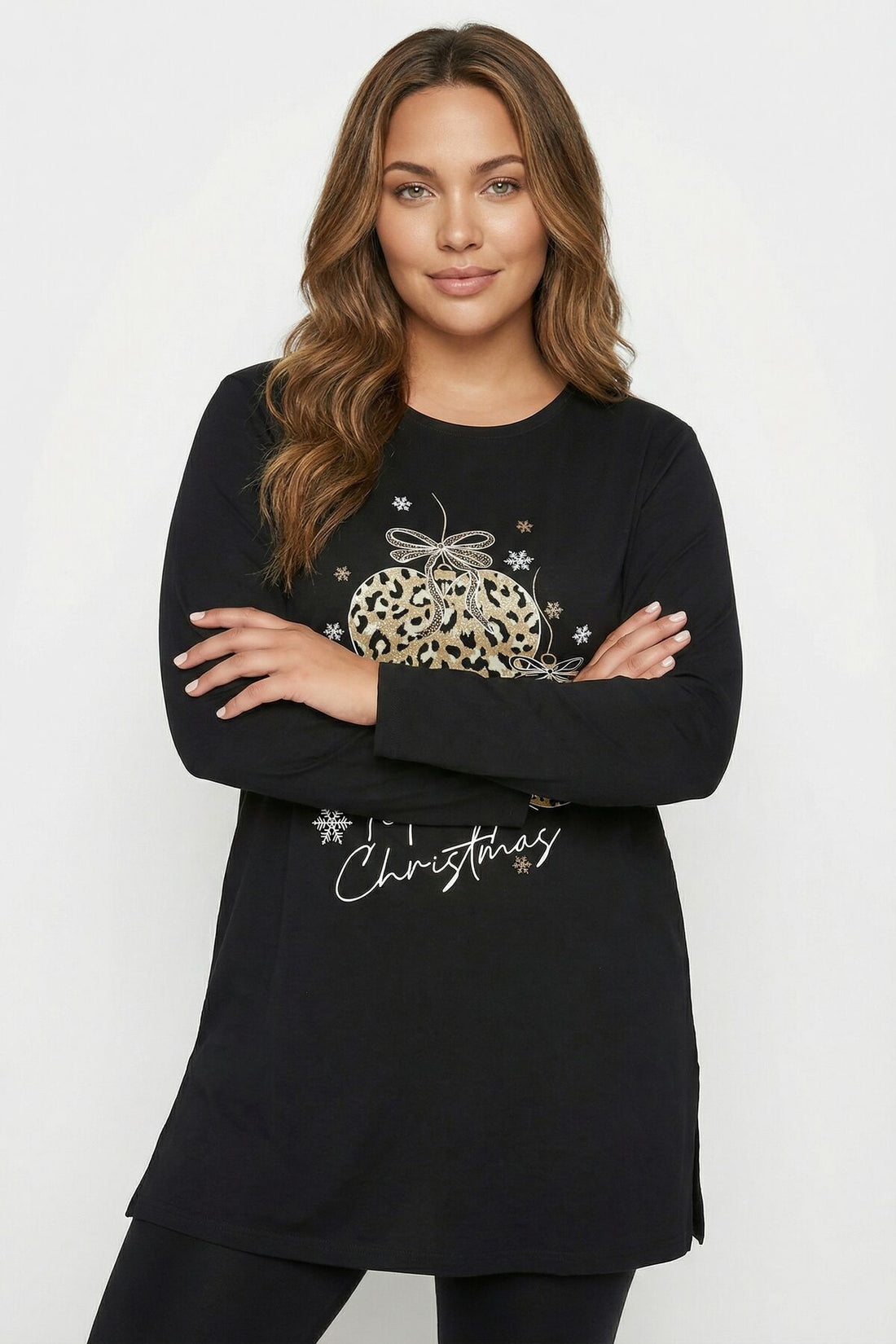 Büyük Beden Baskılı Siyah T-Shirt Yan Yırtmaçlı Model