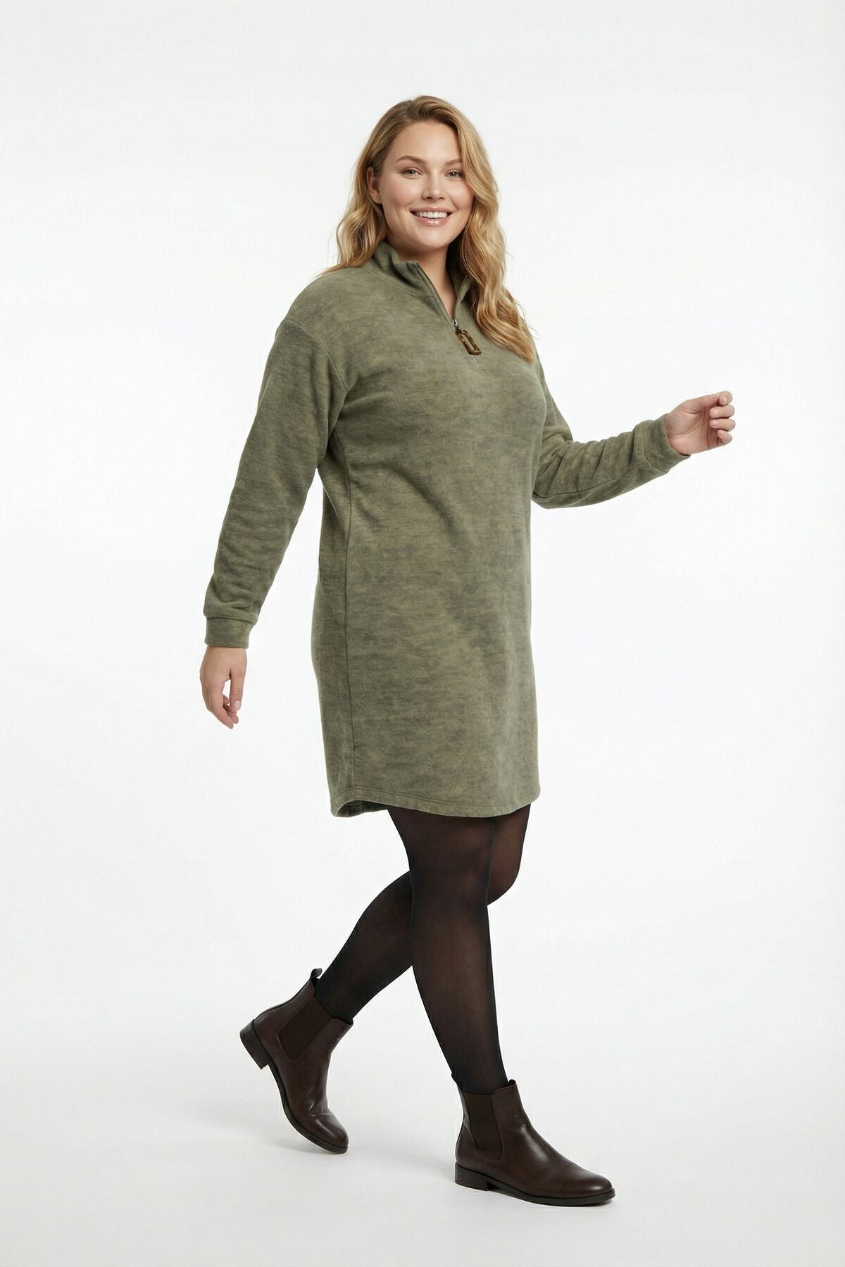 Büyük Beden Yumoş Dokulu Yeşil Midi Elbise 106-36 Yeşil Vervegrand