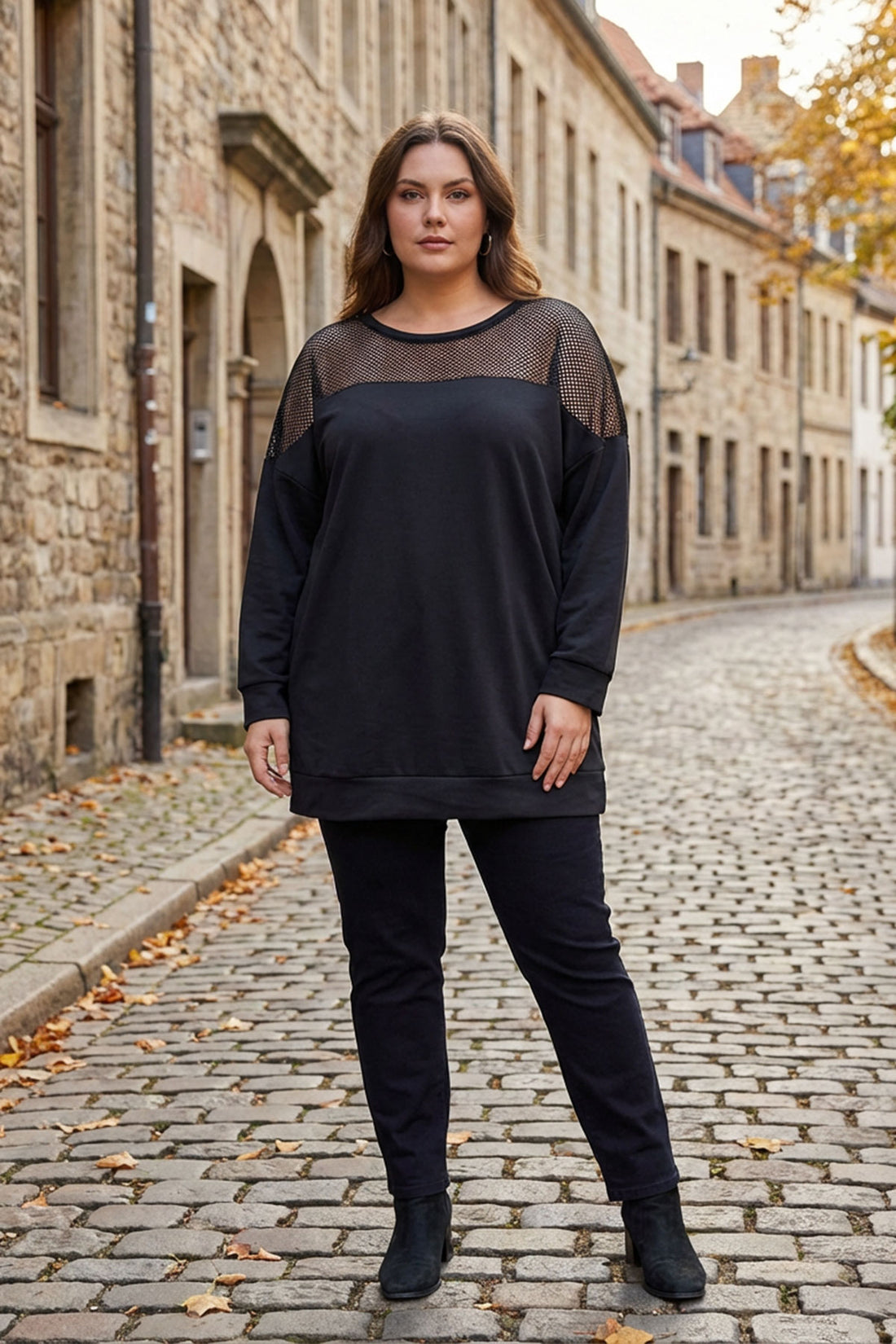 Büyük Beden File Detaylı Siyah Sweatshirt Ön Görünüm