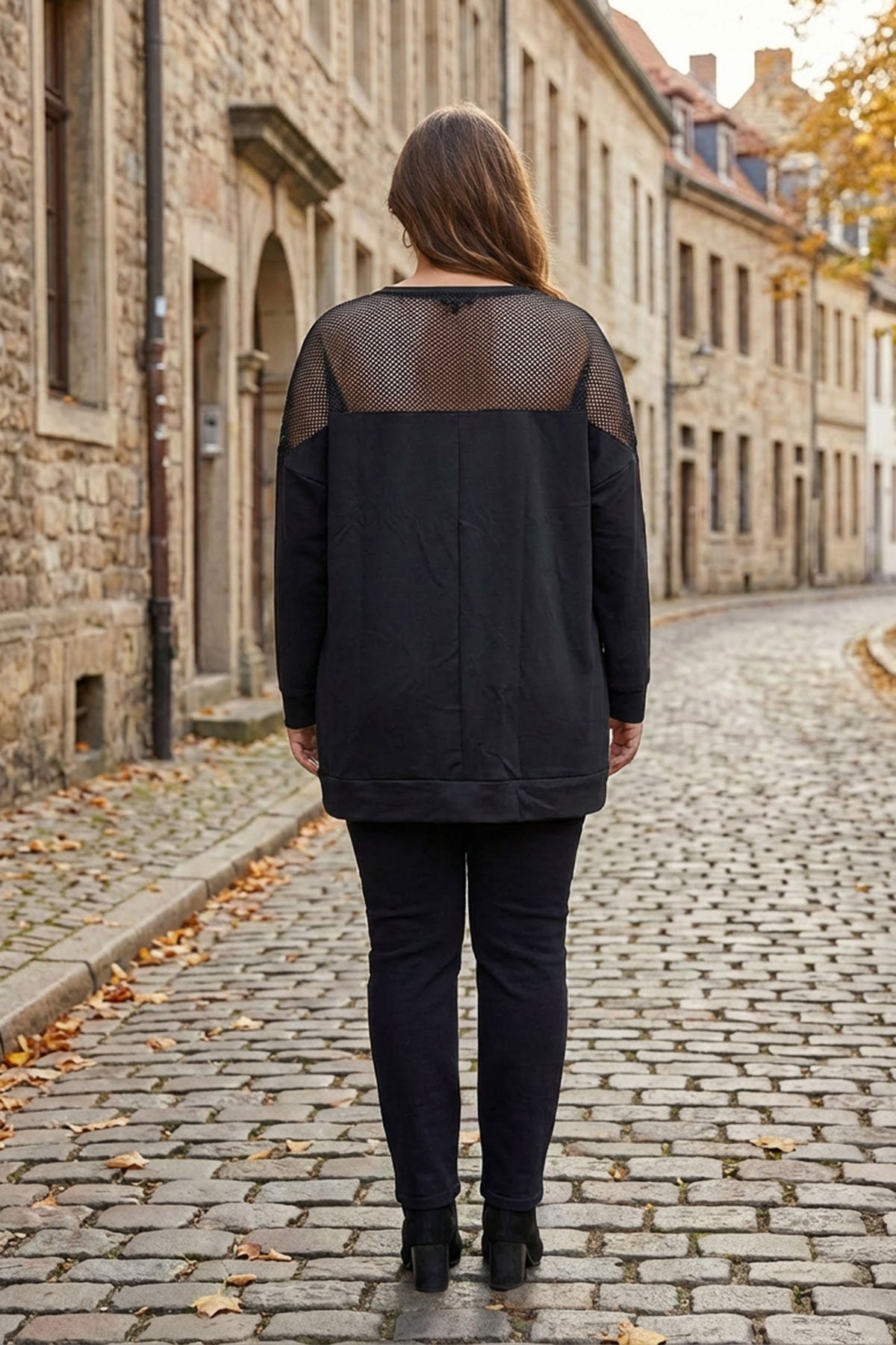 Günlük Şık Büyük Beden Fileli Siyah Sweatshirt