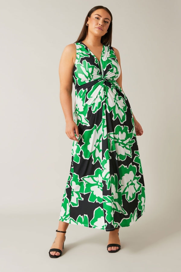 Büyük Beden V Yaka Sıfır Kol Çiçek Desenli Önü Büzgülü Maxi Elbise 615376 Elbise Vervegrand