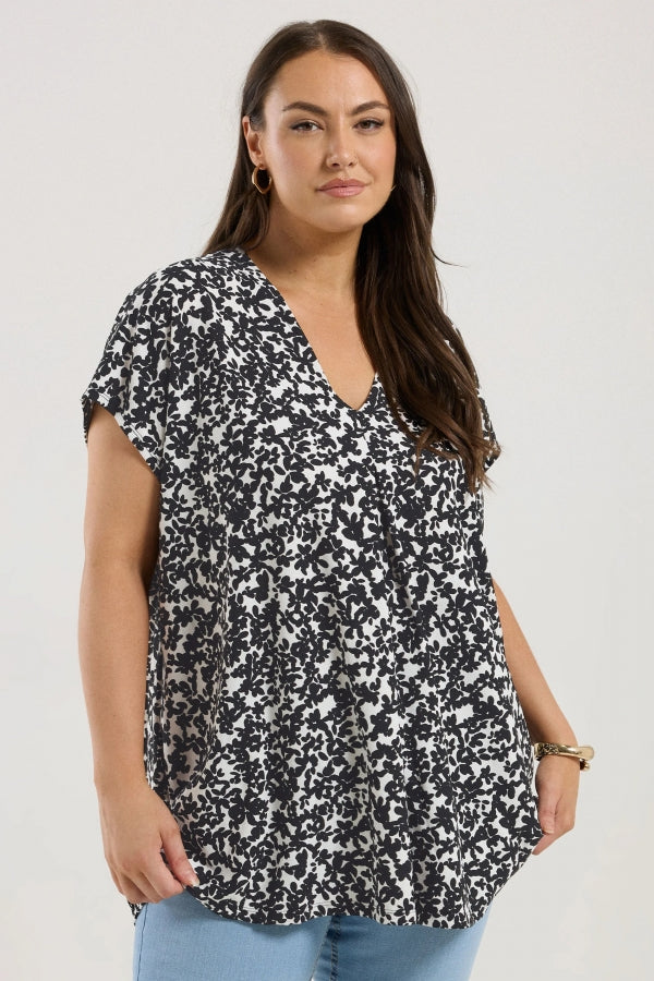 Büyük Beden V Yaka Çiçek Desenli Kısa Kollu Bluz 321704 Vervegrand