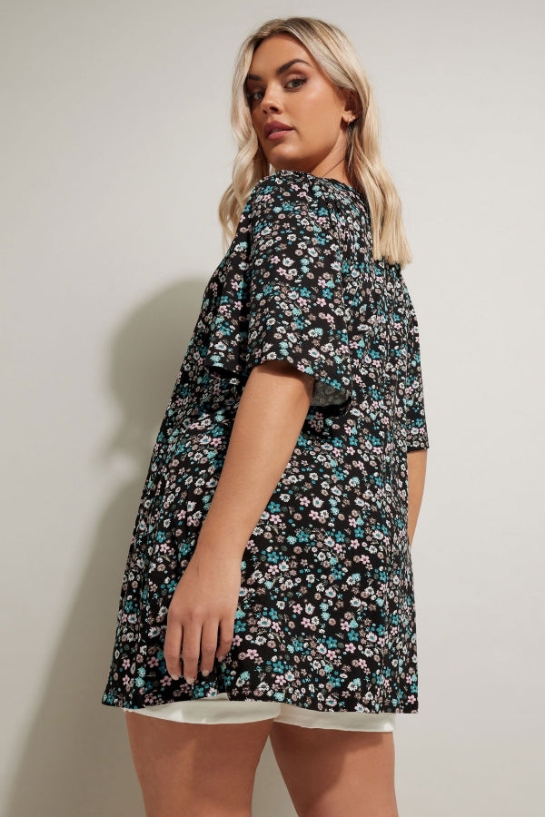 Büyük Beden V Yaka Sıfır Kol Çiçek Desenli Asimetrik Kesim T-shirt 304084 T-shirt Vervegrand