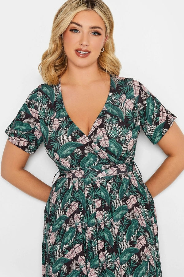 Büyük Beden V Yaka Desenli Kuşaklı Likralı Yarım Kol Anvelop Elbise 302162 Vervegrand