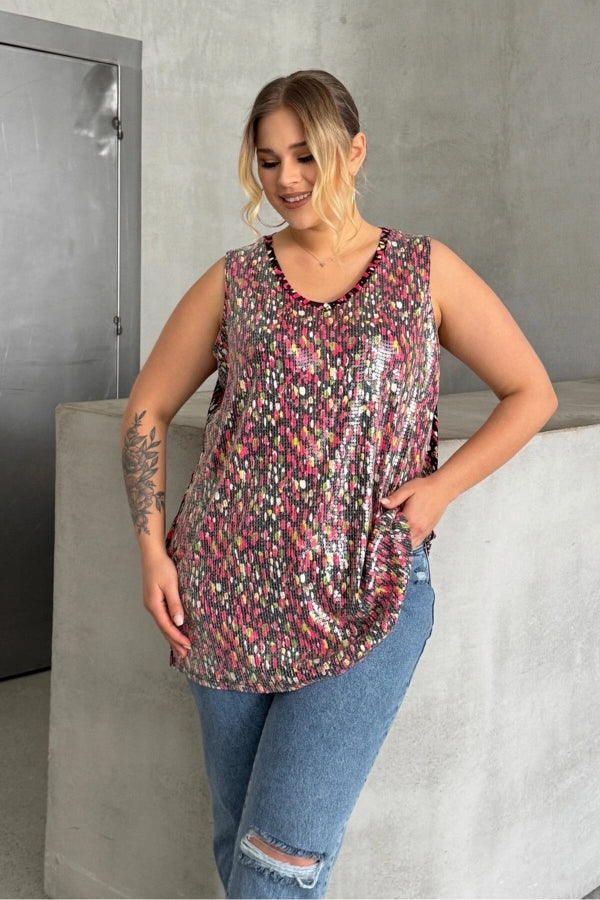 Büyük Beden V Yaka Desenli Payet İşlemeli Kolsuz Bluz 302386 Vervegrand