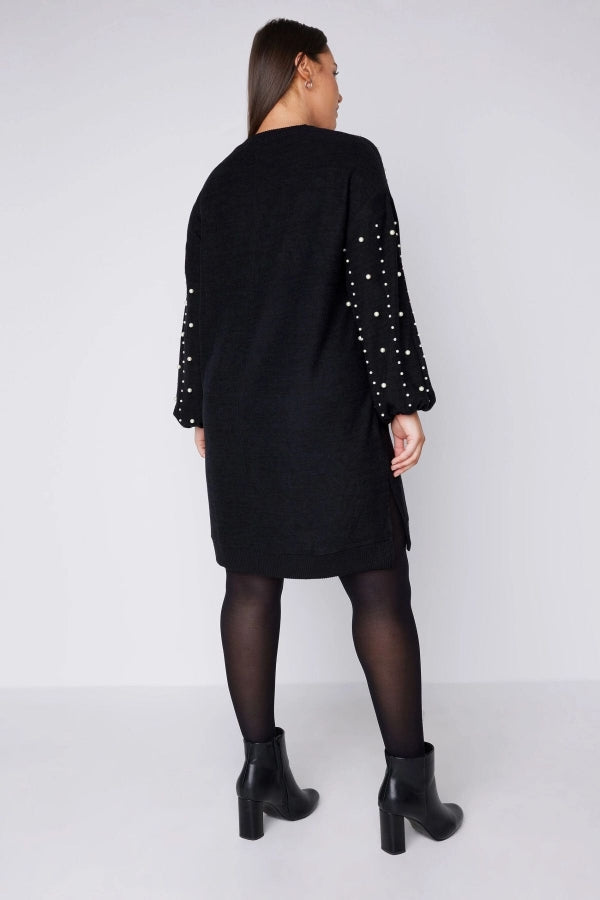 Büyük Beden Bisiklet Yaka Balon Kol İnci İşlemeli Triko Elbise 615159 Vervegrand