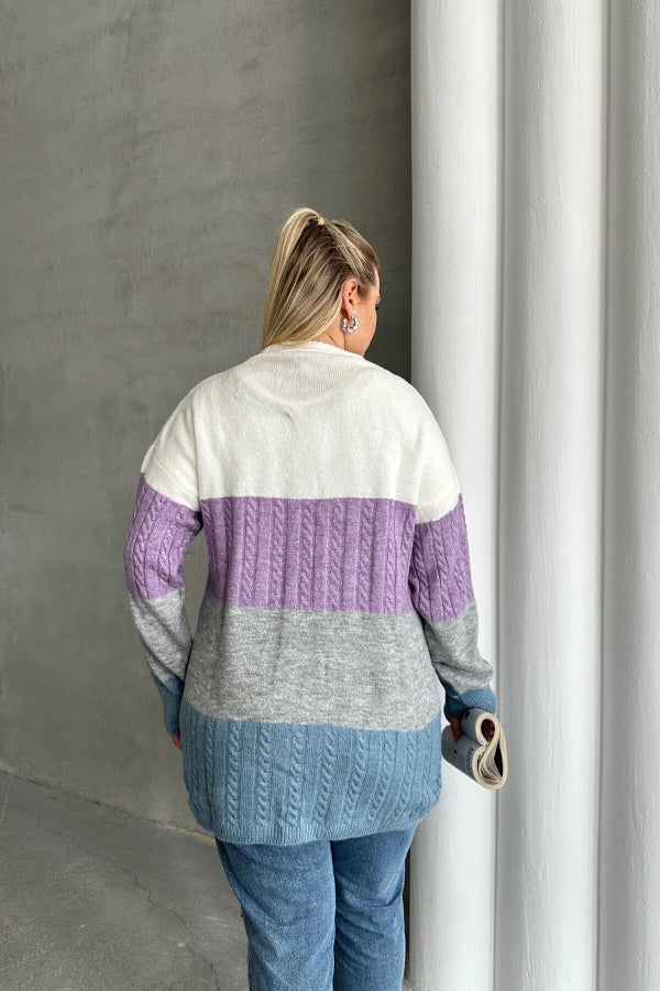 Büyük Beden Uzun Kollu Önü Kapamasız Renk Bloklu Triko Hırka 302148 Vervegrand