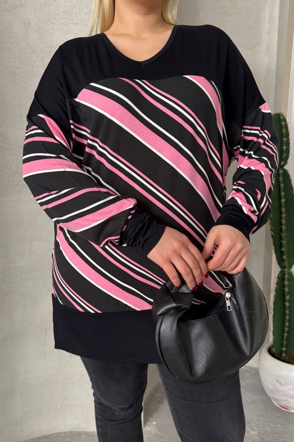 Büyük Beden V Yaka Uzun Kollu Bileği Lastikli Yırtmaçlı Bluz 303086 Vervegrand