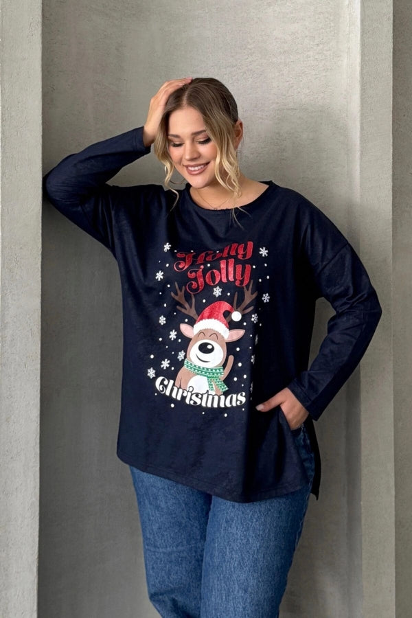 Büyük Beden Yılbaşı Temalı Bisiklet Yaka Uzun Kollu Yırtmaçlı Sweatshirt 303909 Vervegrand