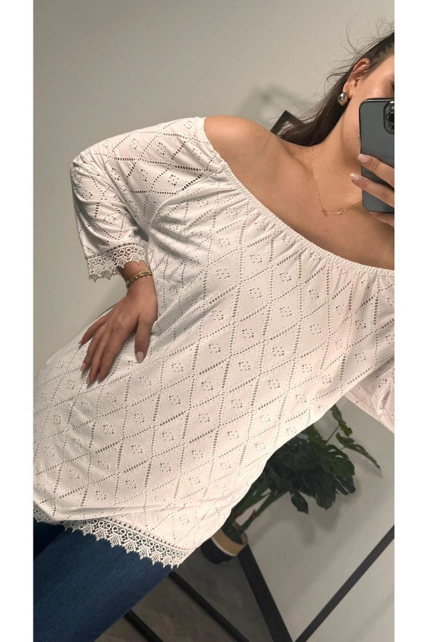Büyük Beden Bisiklet Yaka Dantel Detaylı Fakir Bol Bluz 301195 Vervegrand